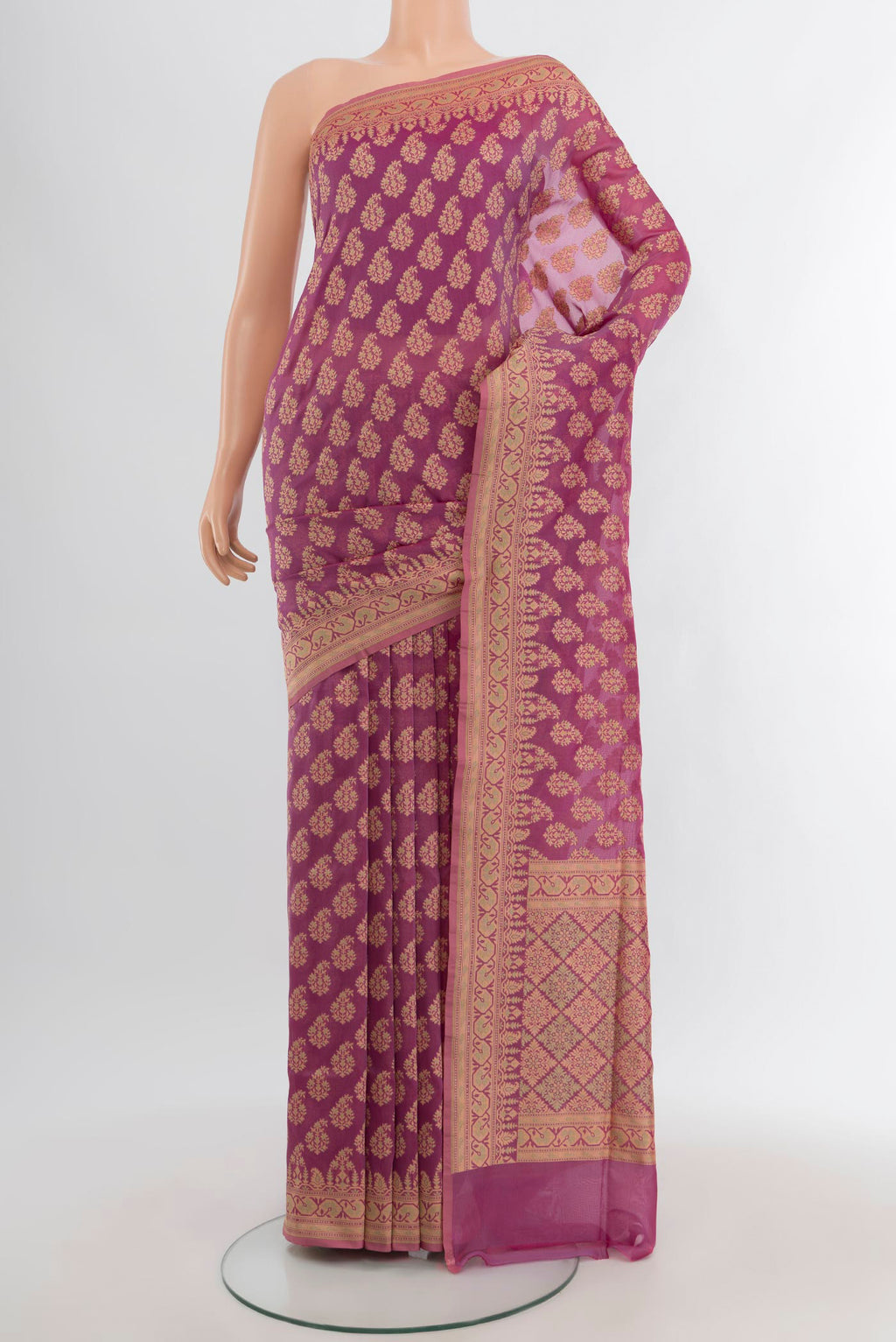 Purple Banarasi Silk Saree with Thread Butta on the body and Thread Border.  displayed on a mannequin