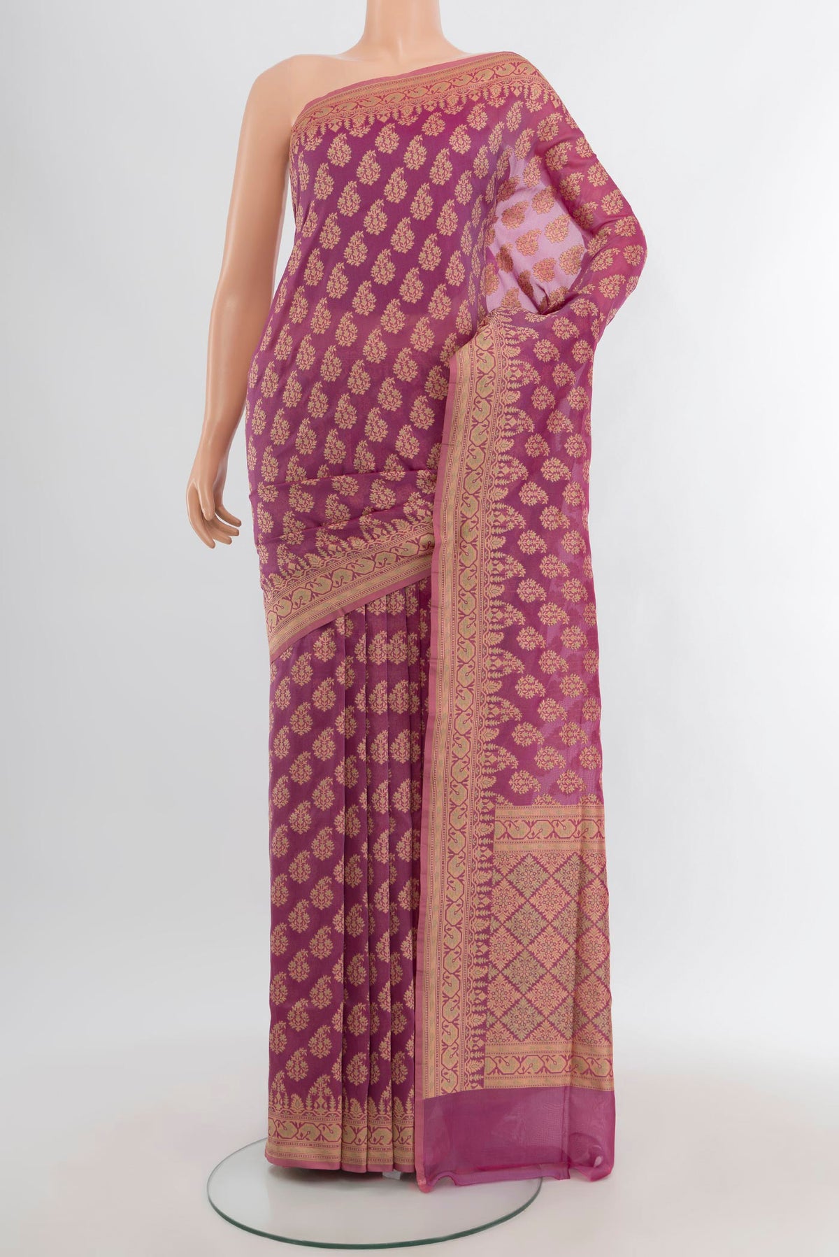 Purple Banarasi Silk Saree with Thread Butta on the body and Thread Border.  displayed on a mannequin