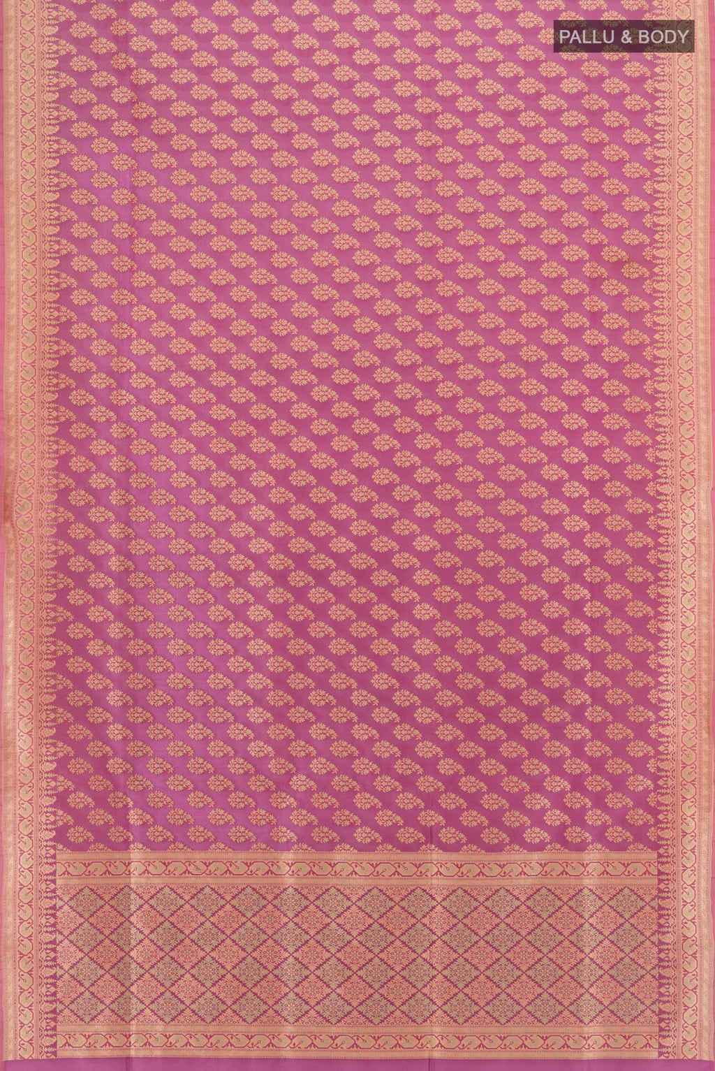 Flat view of Purple Banarasi Silk Saree with Thread Butta on the body and Thread Border. 