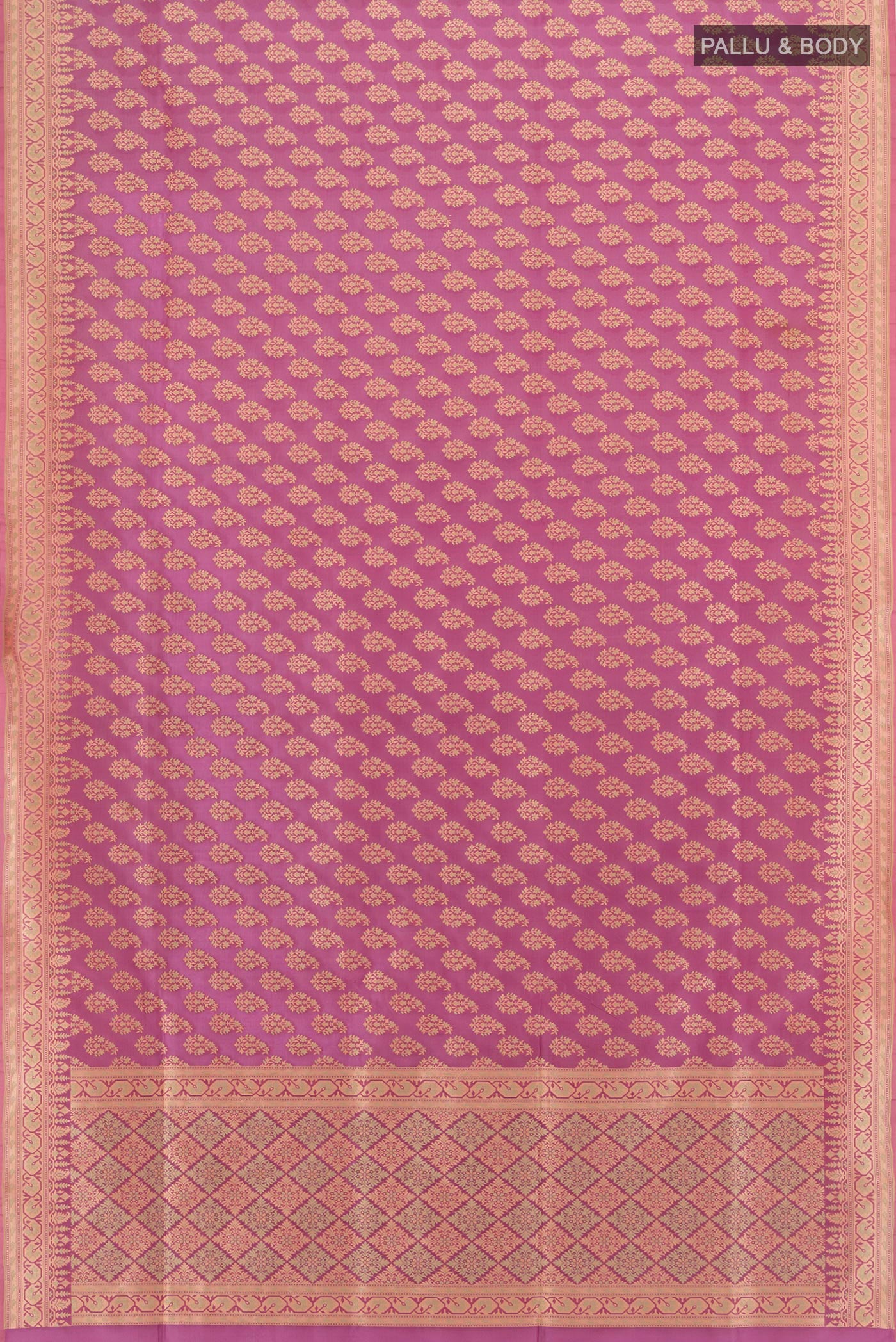 Flat view of Purple Banarasi Silk Saree with Thread Butta on the body and Thread Border. 