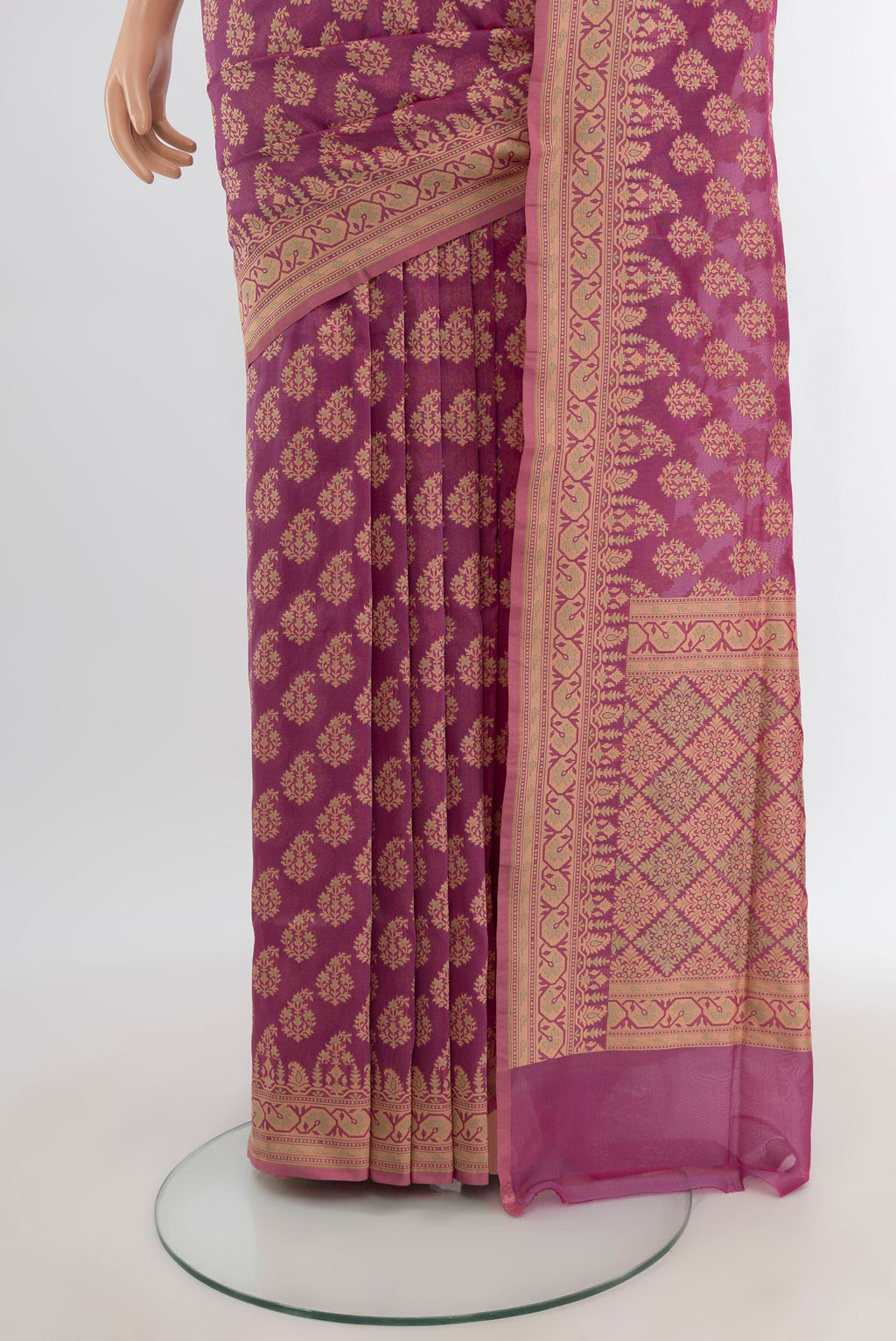 Pleats and pallu of Purple Banarasi Silk Saree with Thread Butta on the body and Thread Border. 