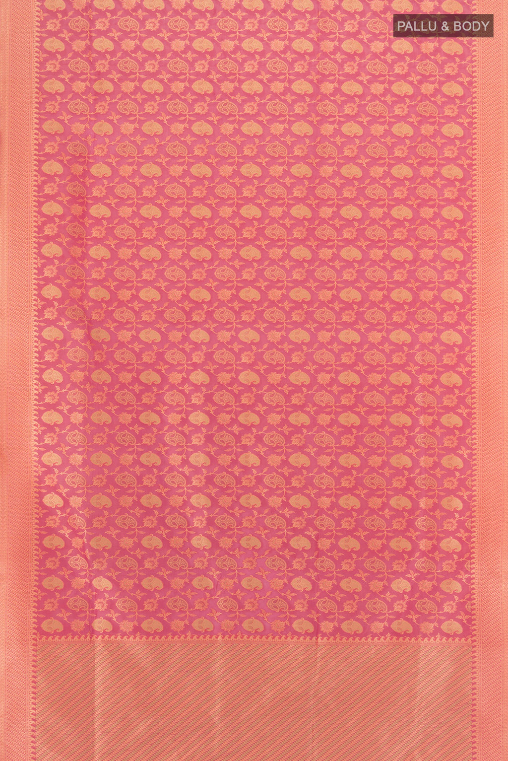 Flat view of Pink Banarasi Silk Saree with Zari Butta on the body and Zari Border. 