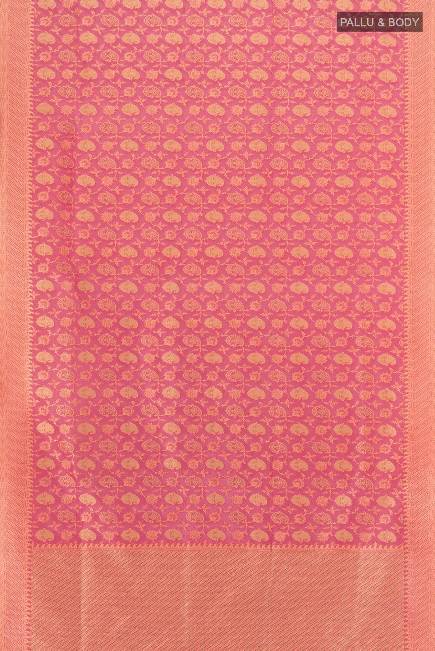 Flat view of Pink Banarasi Silk Saree with Zari Butta on the body and Zari Border. 