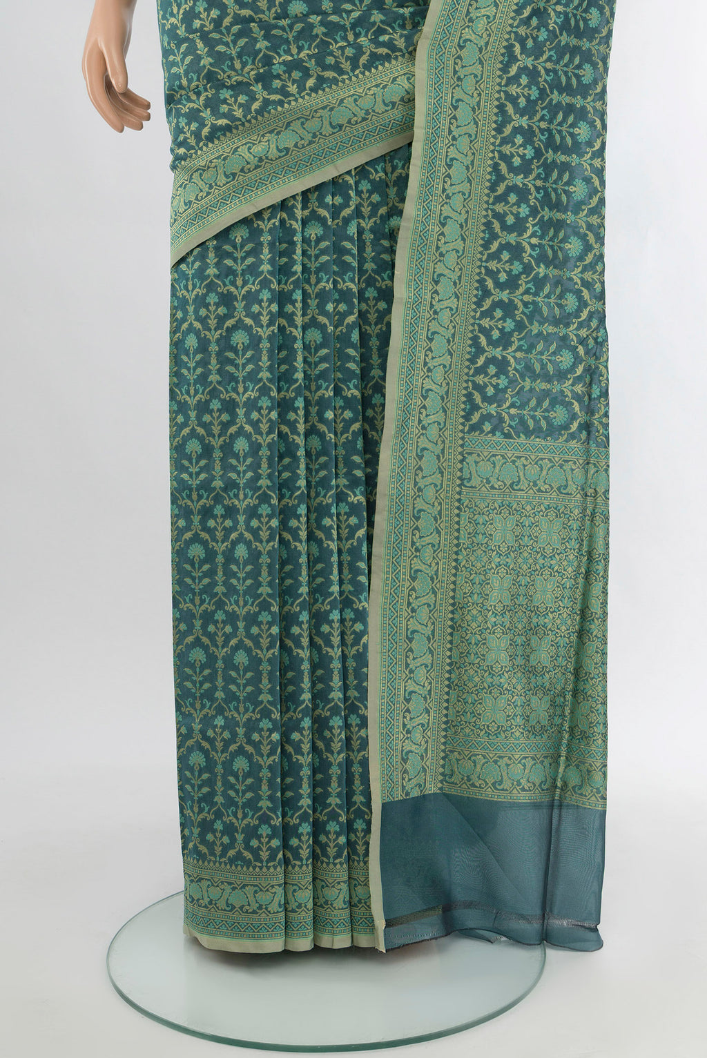 Pleats and pallu of Blue Grey Banarasi Silk Saree with Zari Butta on the body and Zari Border. 