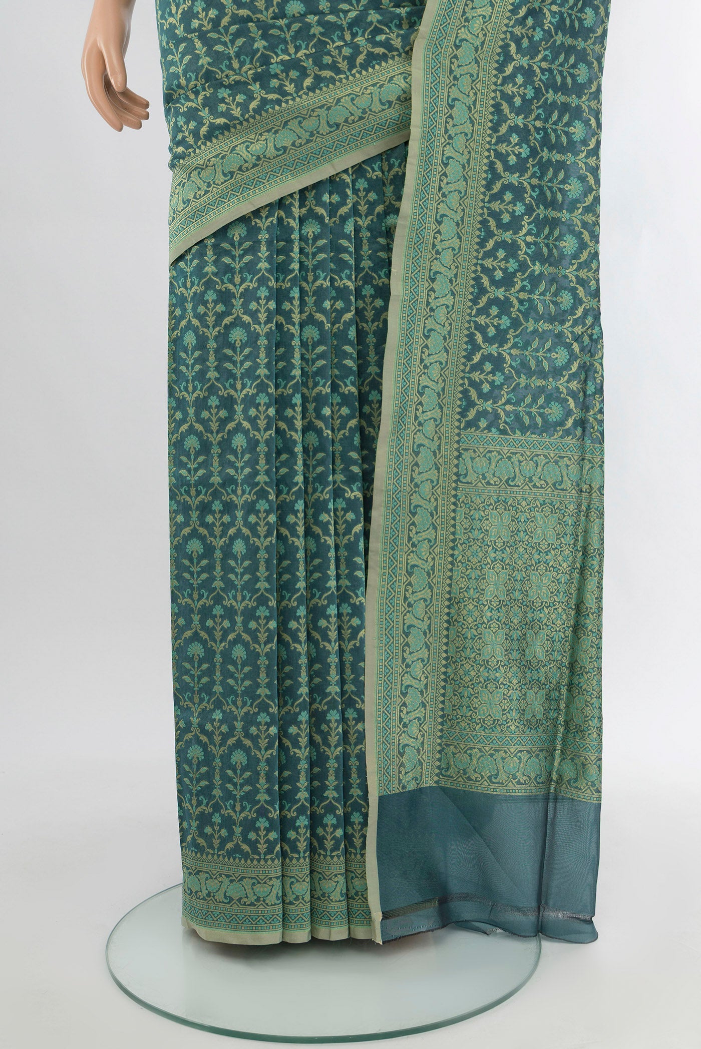 Pleats and pallu of Blue Grey Banarasi Silk Saree with Zari Butta on the body and Zari Border. 