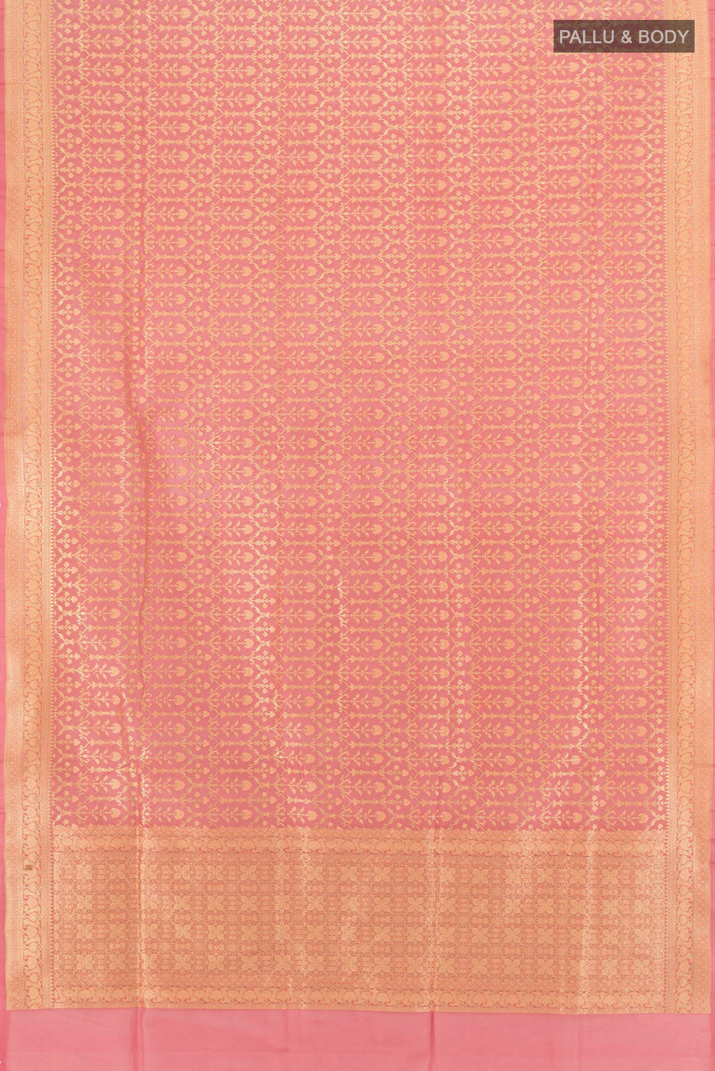 Flat view of Peach Banarasi Silk Saree with Zari And Thread Butta on the body and Zari Border. 