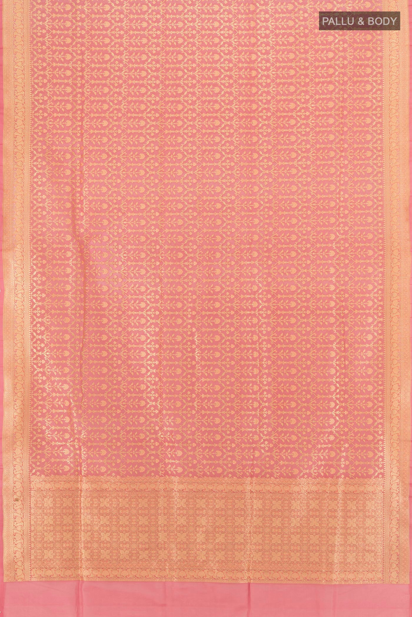 Flat view of Peach Banarasi Silk Saree with Zari And Thread Butta on the body and Zari Border. 