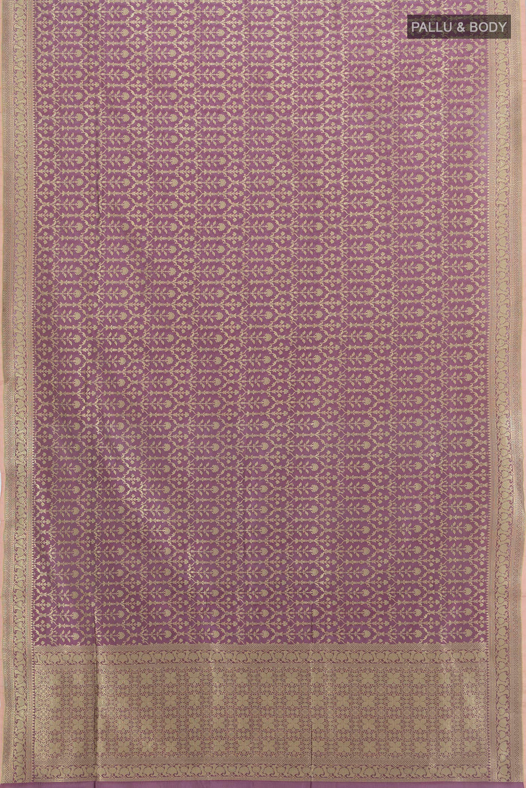 Flat view of Pure Silk Mauve Banarasi Saree with Thread Butta on the body and Thread Border. 