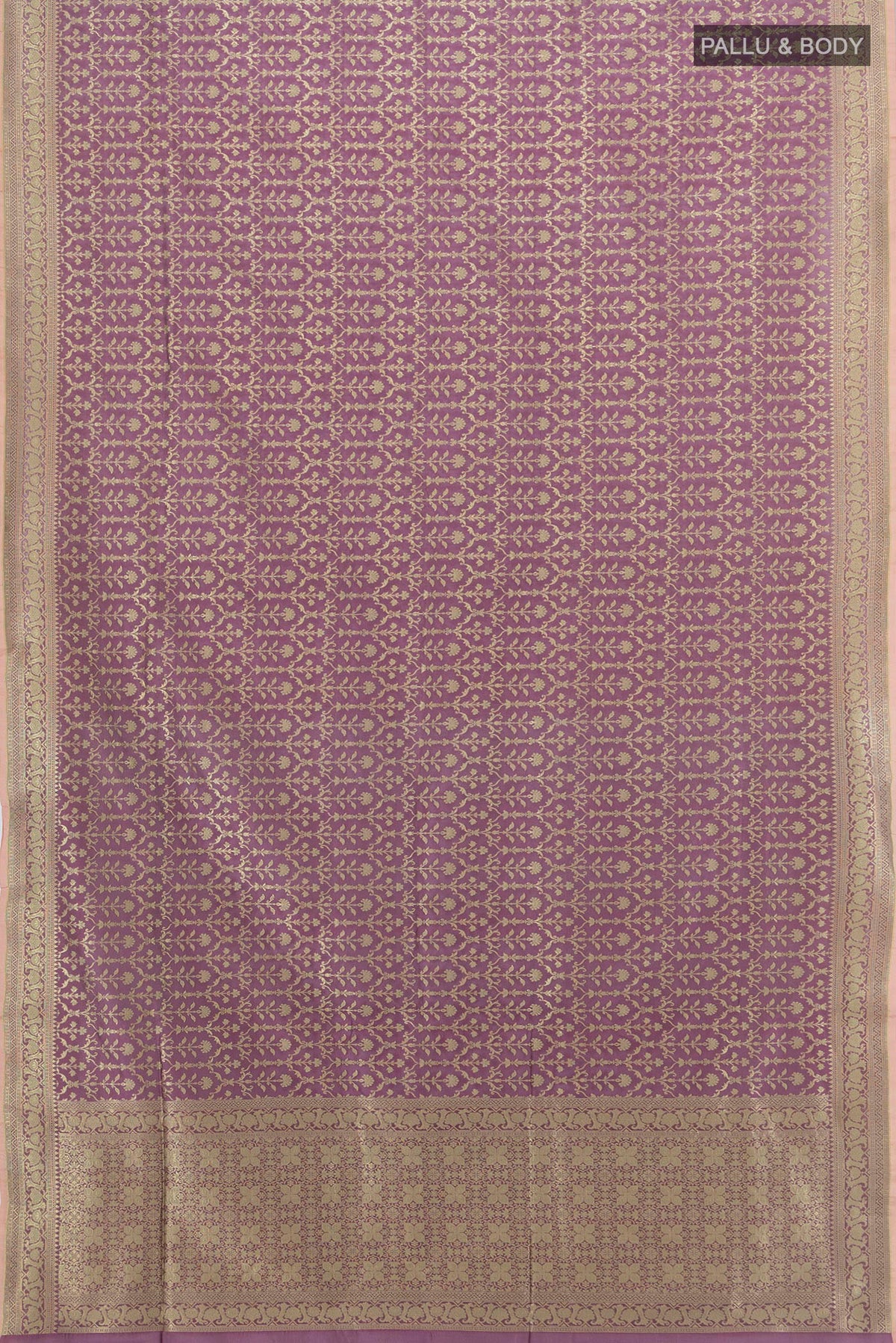 Flat view of Pure Silk Mauve Banarasi Saree with Thread Butta on the body and Thread Border. 