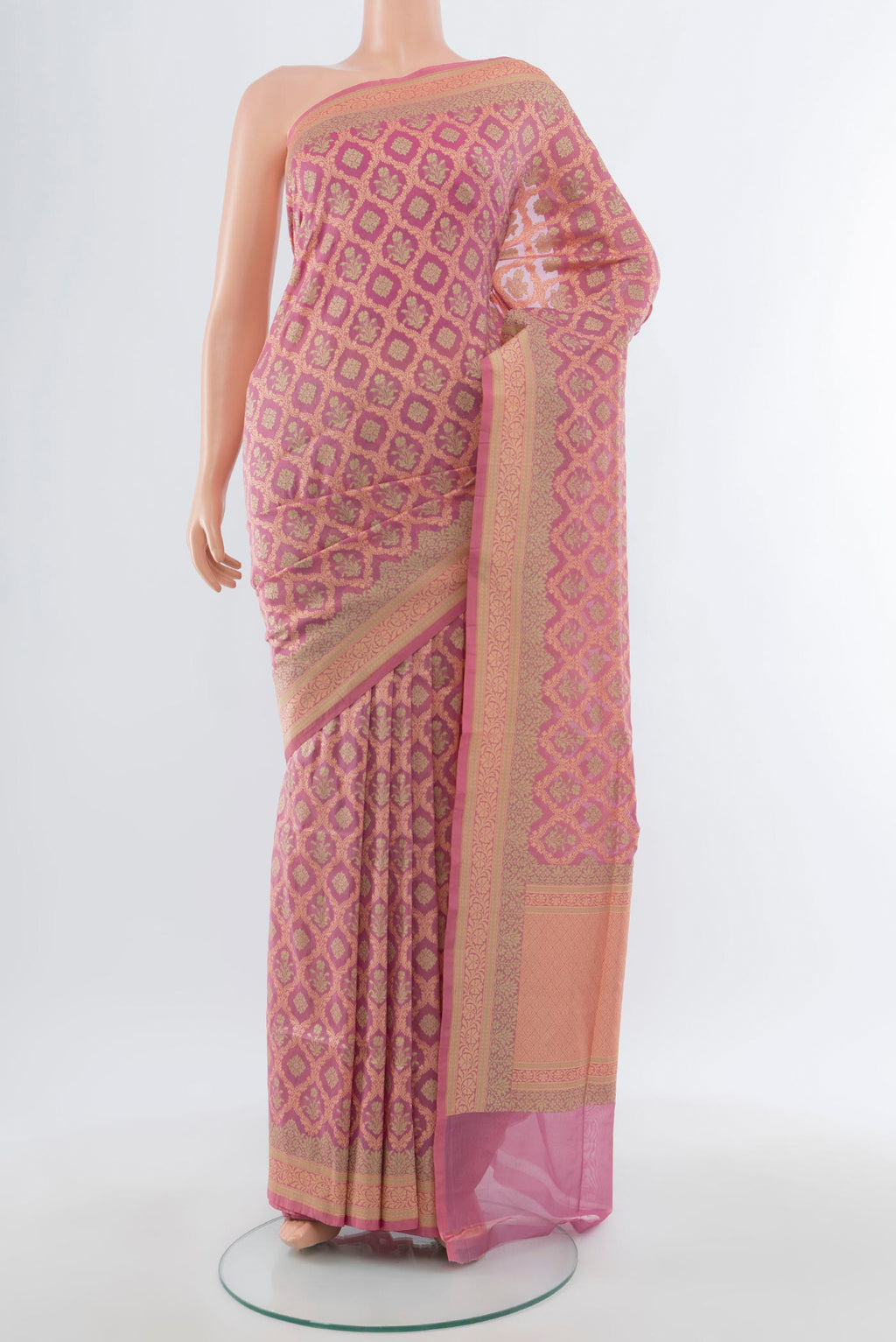 Rose pink Banarasi Silk Saree with Zari Butta on the body and Zari Border.  displayed on a mannequin