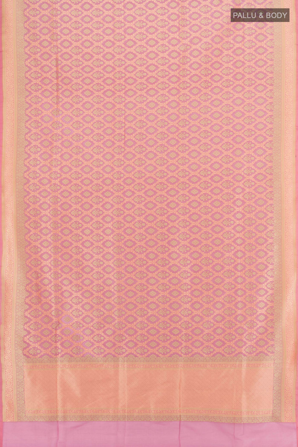 Flat view of Rose pink Banarasi Silk Saree with Zari Butta on the body and Zari Border. 