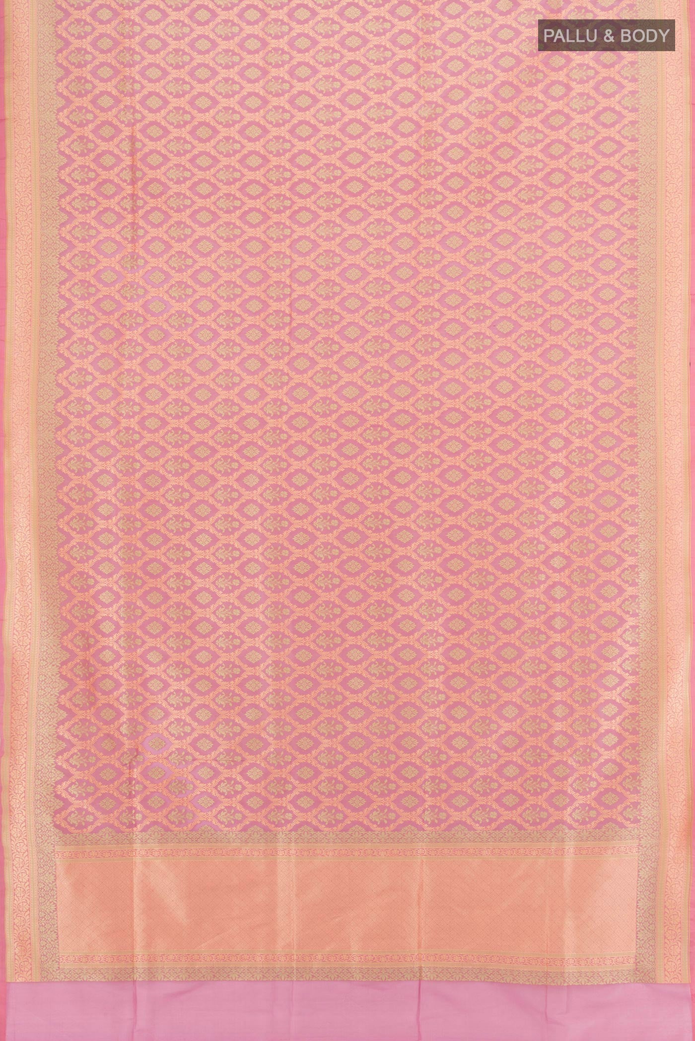 Flat view of Rose pink Banarasi Silk Saree with Zari Butta on the body and Zari Border. 