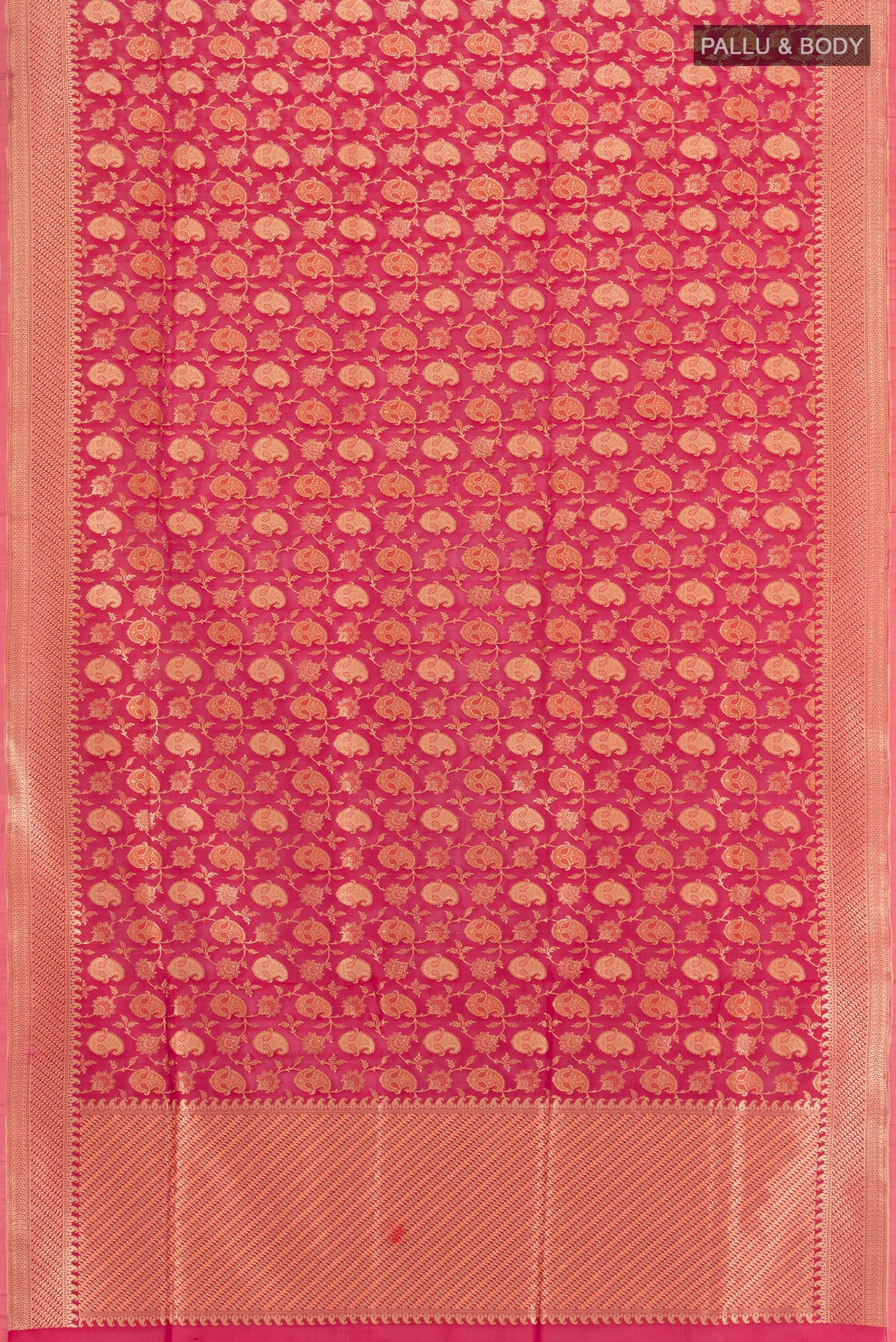 Flat view of Peach Banarasi Silk Saree with Zari Butta on the body and Silk Border. 