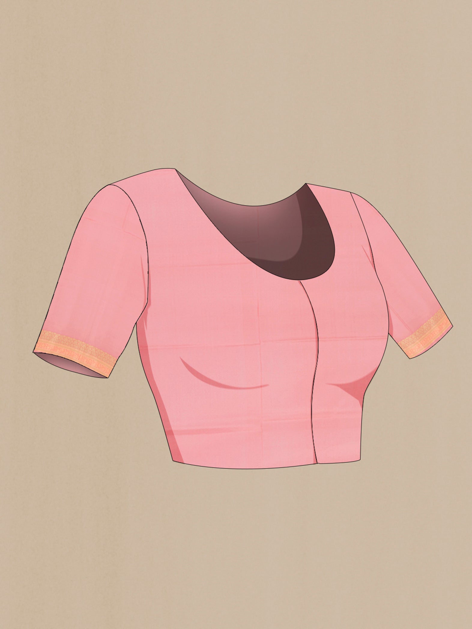 Close up image of the blouse of Rose pink Banarasi Silk Saree with Zari Butta on the body and Zari Border. 