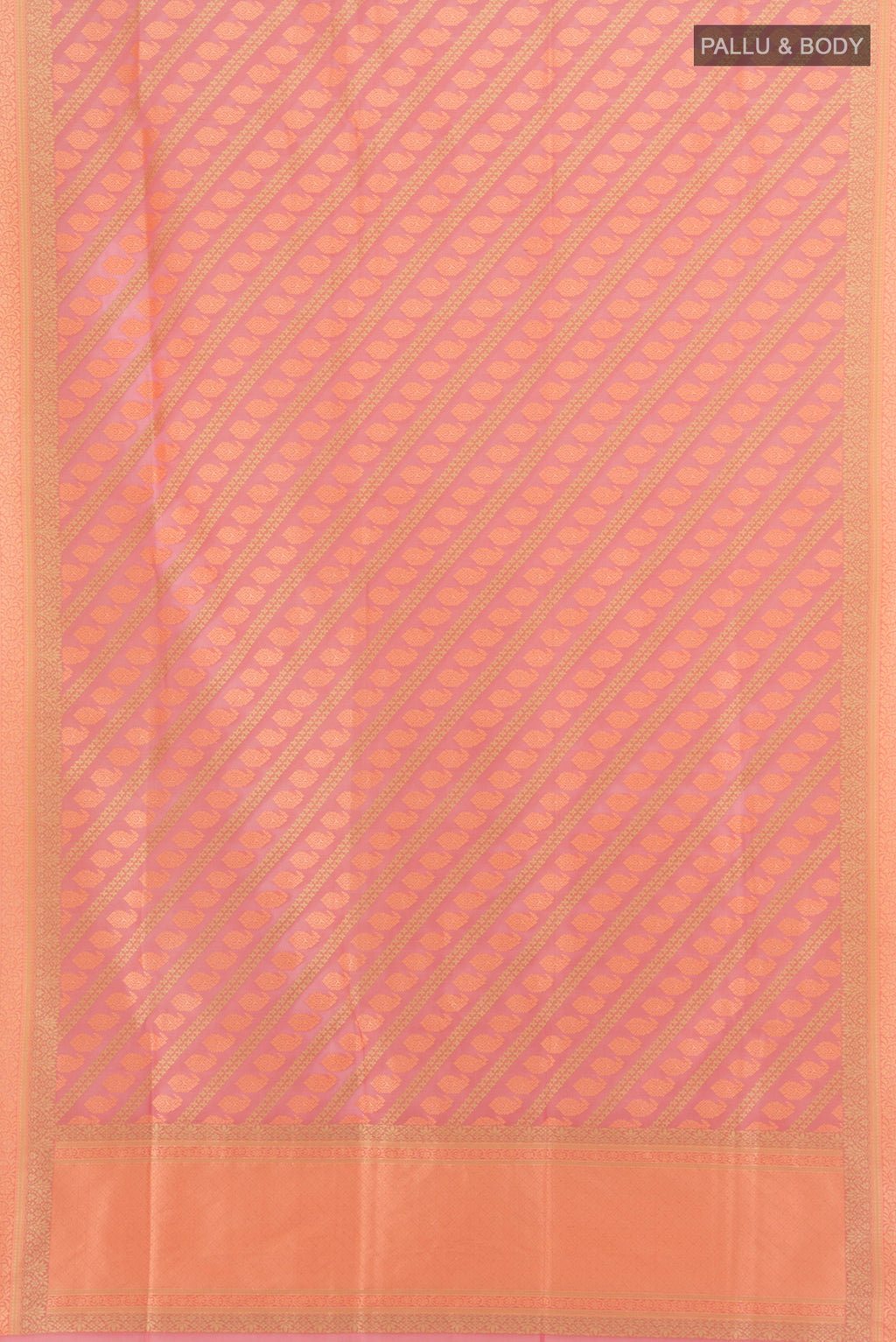Flat view of Rose pink Banarasi Silk Saree with Zari Butta on the body and Zari Border. 