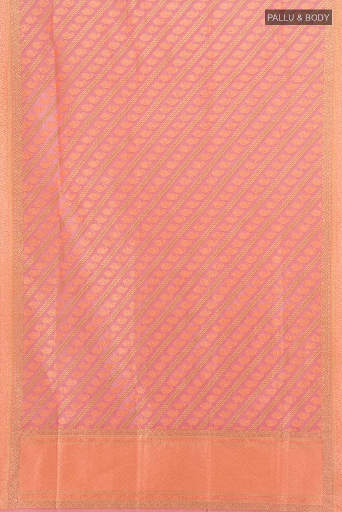 Flat view of Rose pink Banarasi Silk Saree with Zari Butta on the body and Zari Border. 