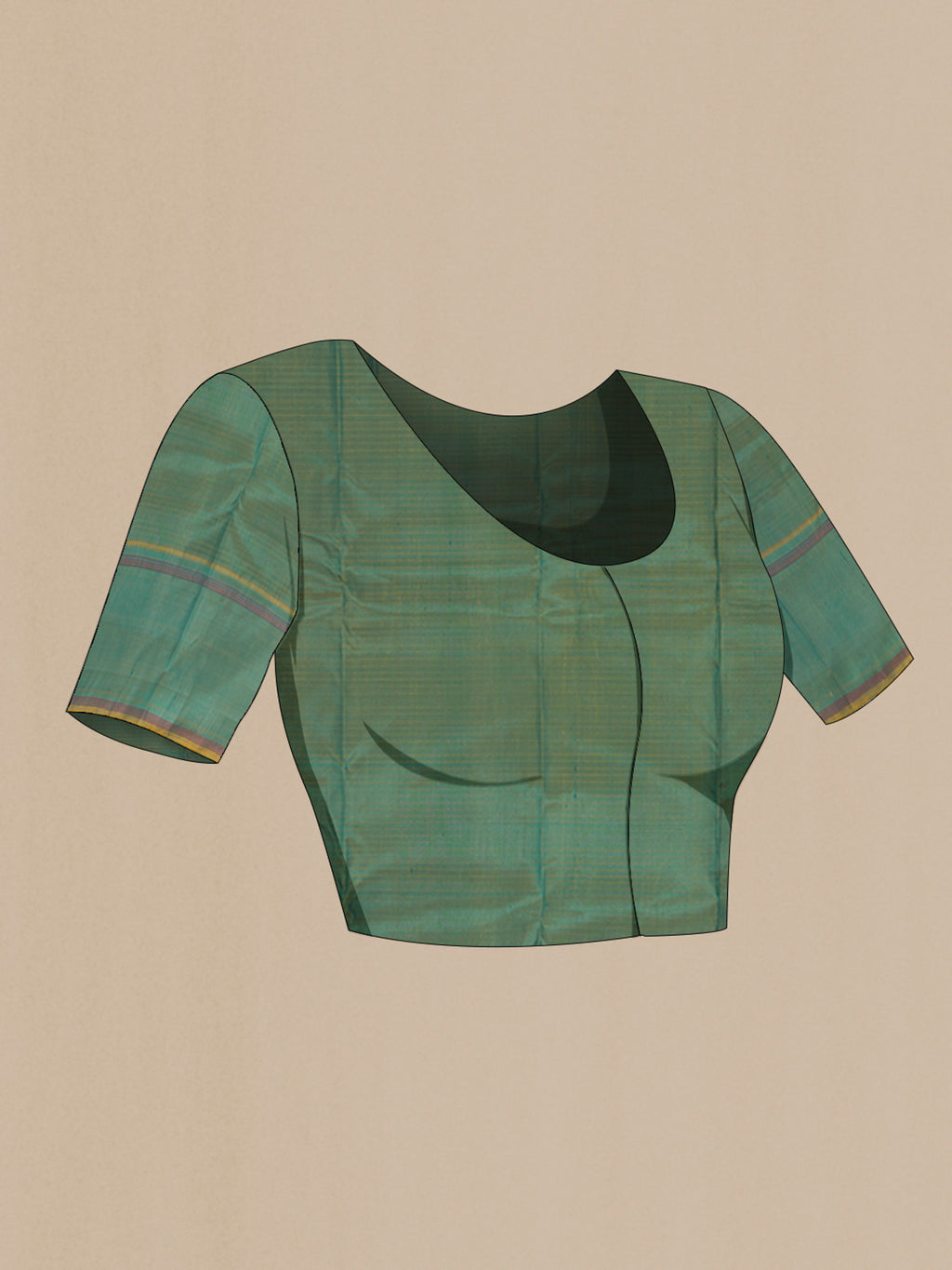 Close up image of the blouse of Peacock Blue Kanchipuram Silk Saree with Checked design on the body and Plain Border. 