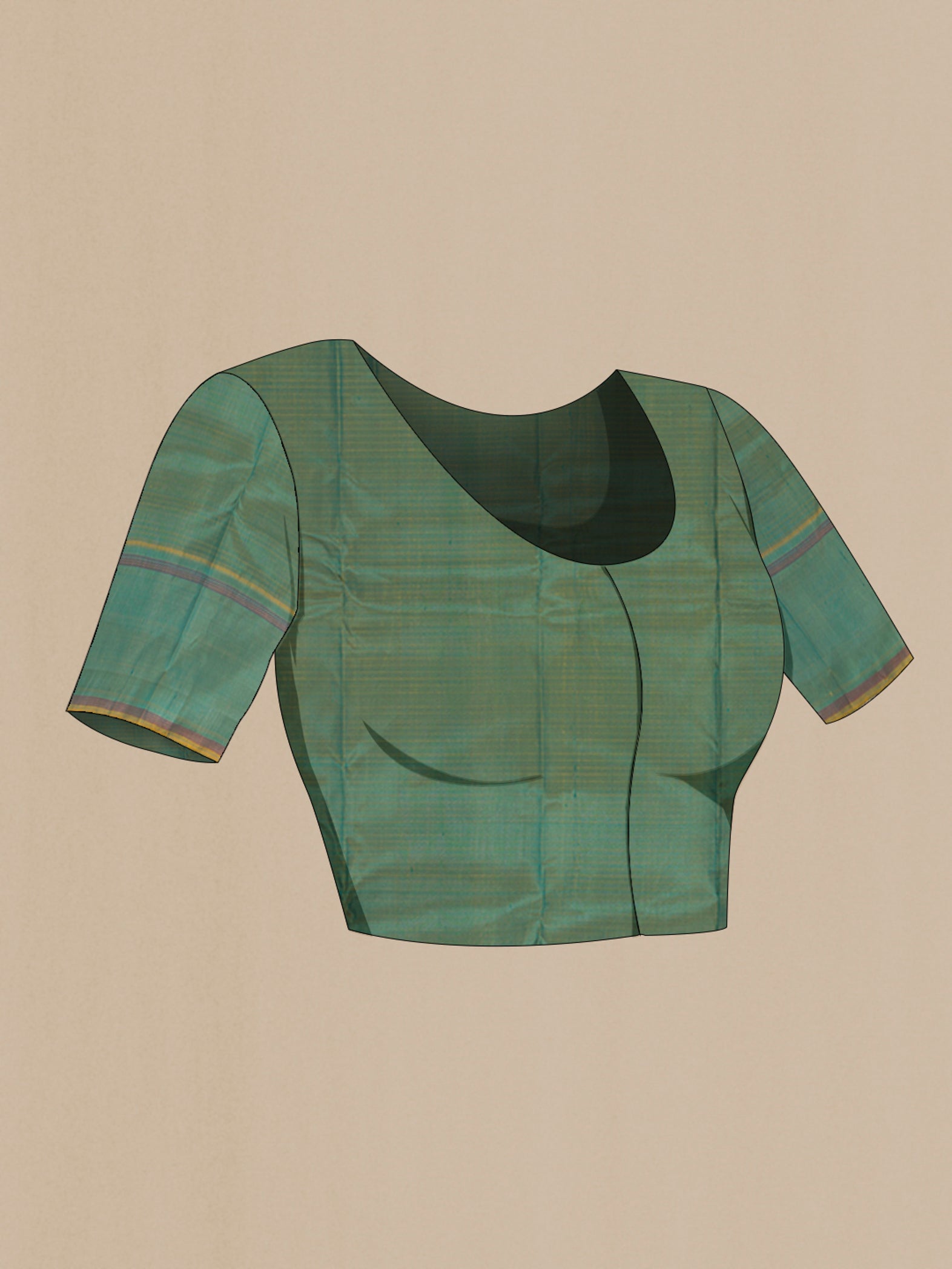 Close up image of the blouse of Peacock Blue Kanchipuram Silk Saree with Checked design on the body and Plain Border. 