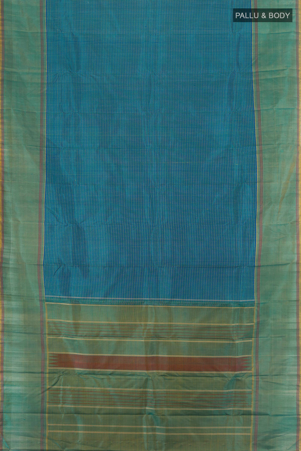 Flat view of Peacock Blue Kanchipuram Silk Saree with Checked design on the body and Plain Border. 