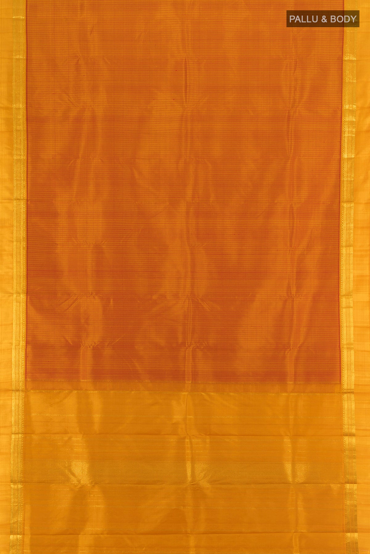 Flat view of Mustard Kanchipuram Silk Saree with Stripes on the body and Zari Border. 