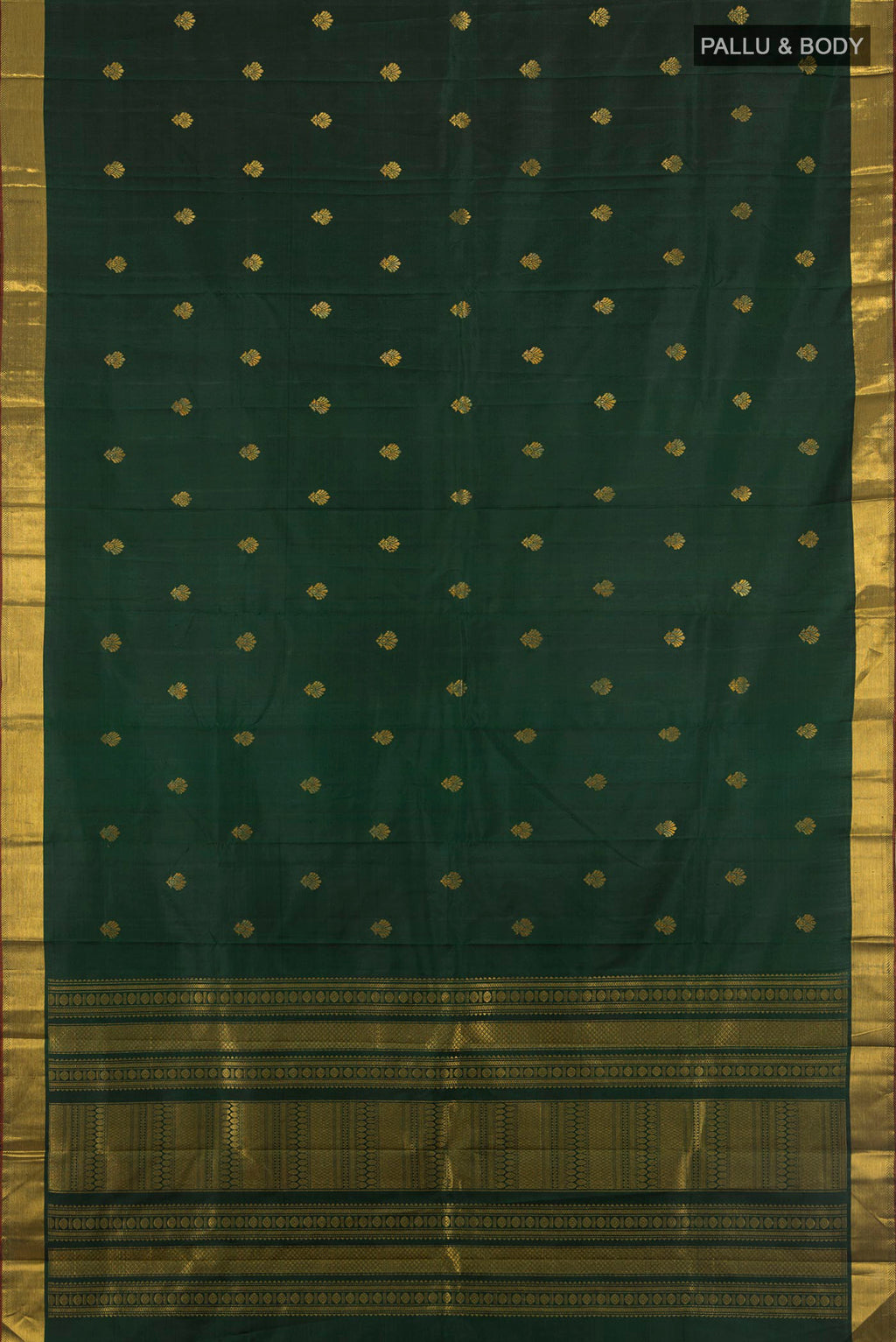 Flat view of Pure Silk Pure Zari Sea Green Kanjivaram Saree with Zari Butta on the body and Silk Border. 