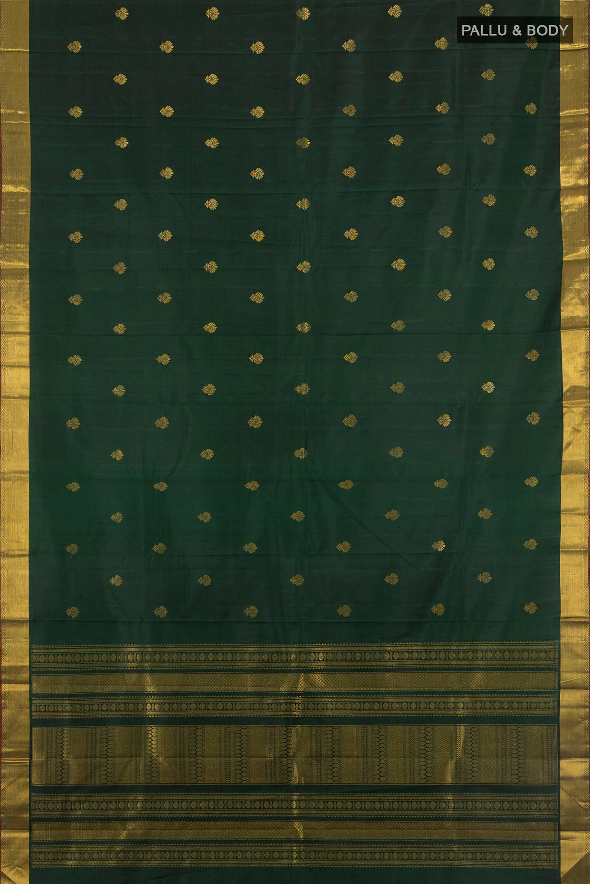 Flat view of Pure Silk Pure Zari Sea Green Kanjivaram Saree with Zari Butta on the body and Silk Border. 