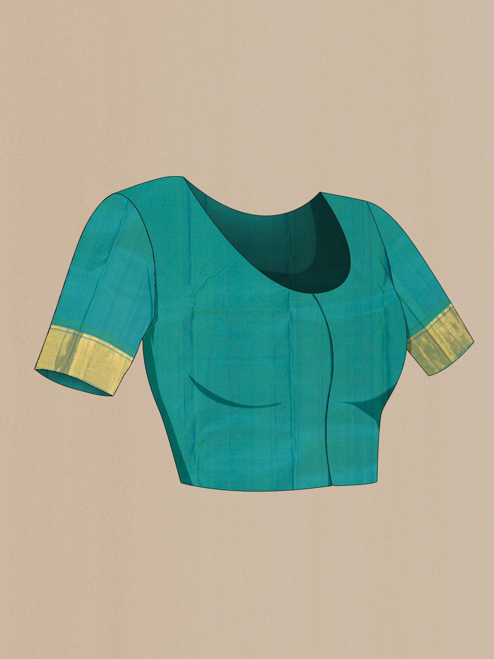 Close up image of the blouse of Blue with Green Color Kanjivaram Silk Saree with Zari Butta on the body and Zari Border. 