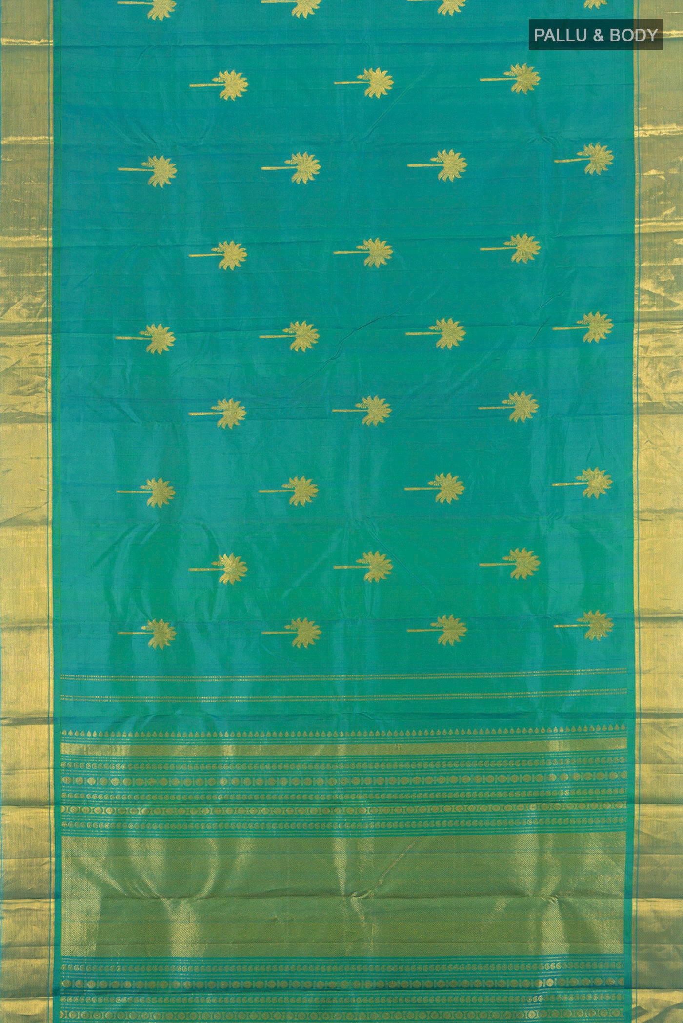 Flat view of Blue with Green Color Kanjivaram Silk Saree with Zari Butta on the body and Zari Border. 