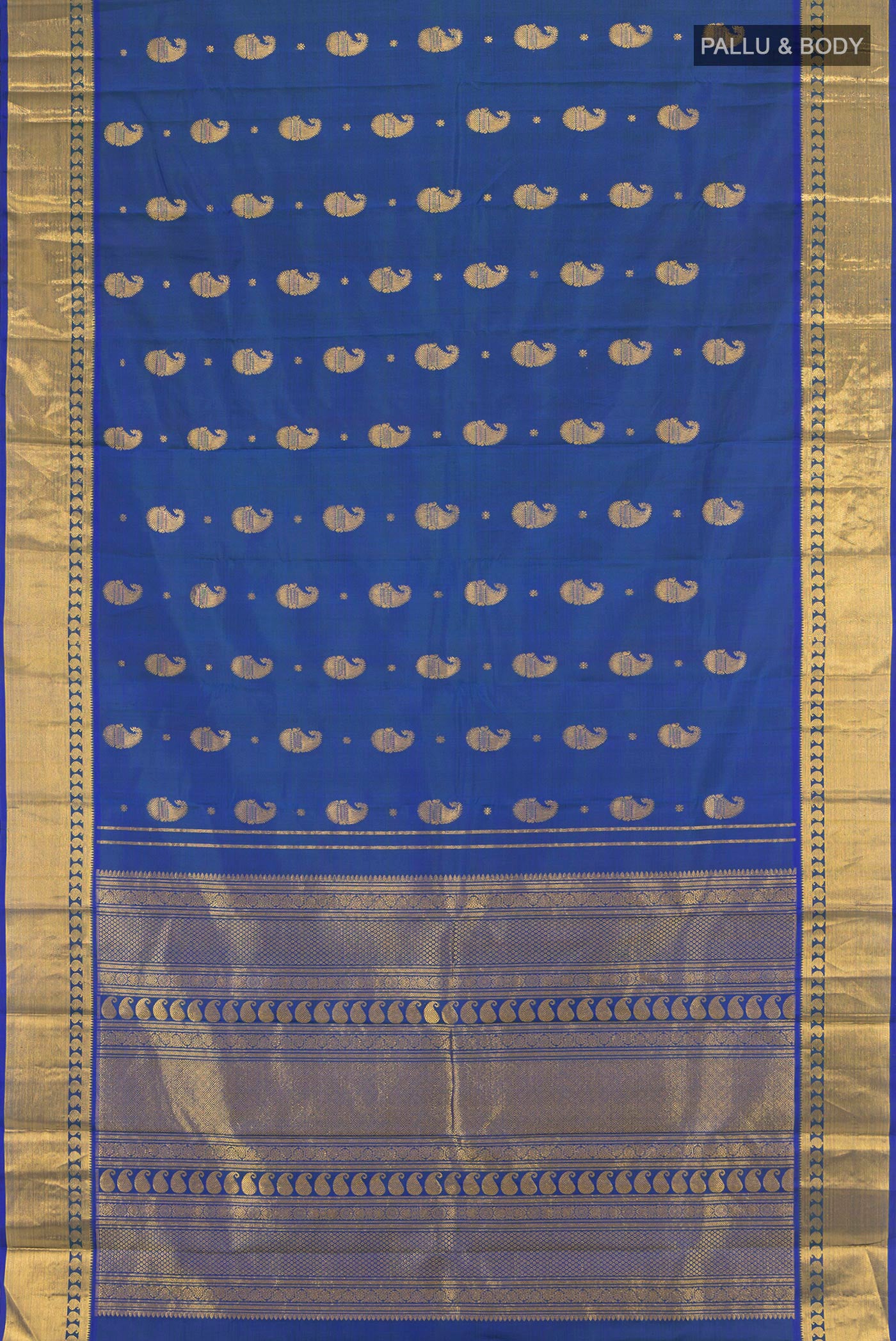 Flat view of Peacock Blue Kanjivaram Silk Saree with Zari Butta on the body and Zari Border. 
