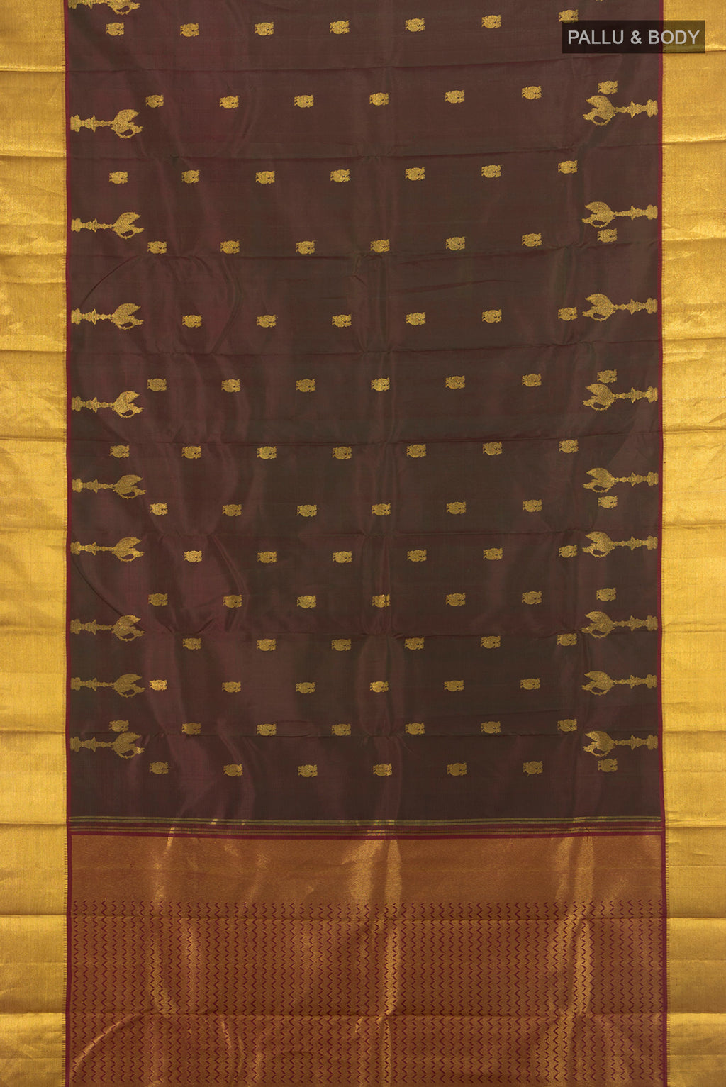 Flat view of Multi Color Kanjivaram Silk Saree with Zari Butta on the body and Zari Border. 