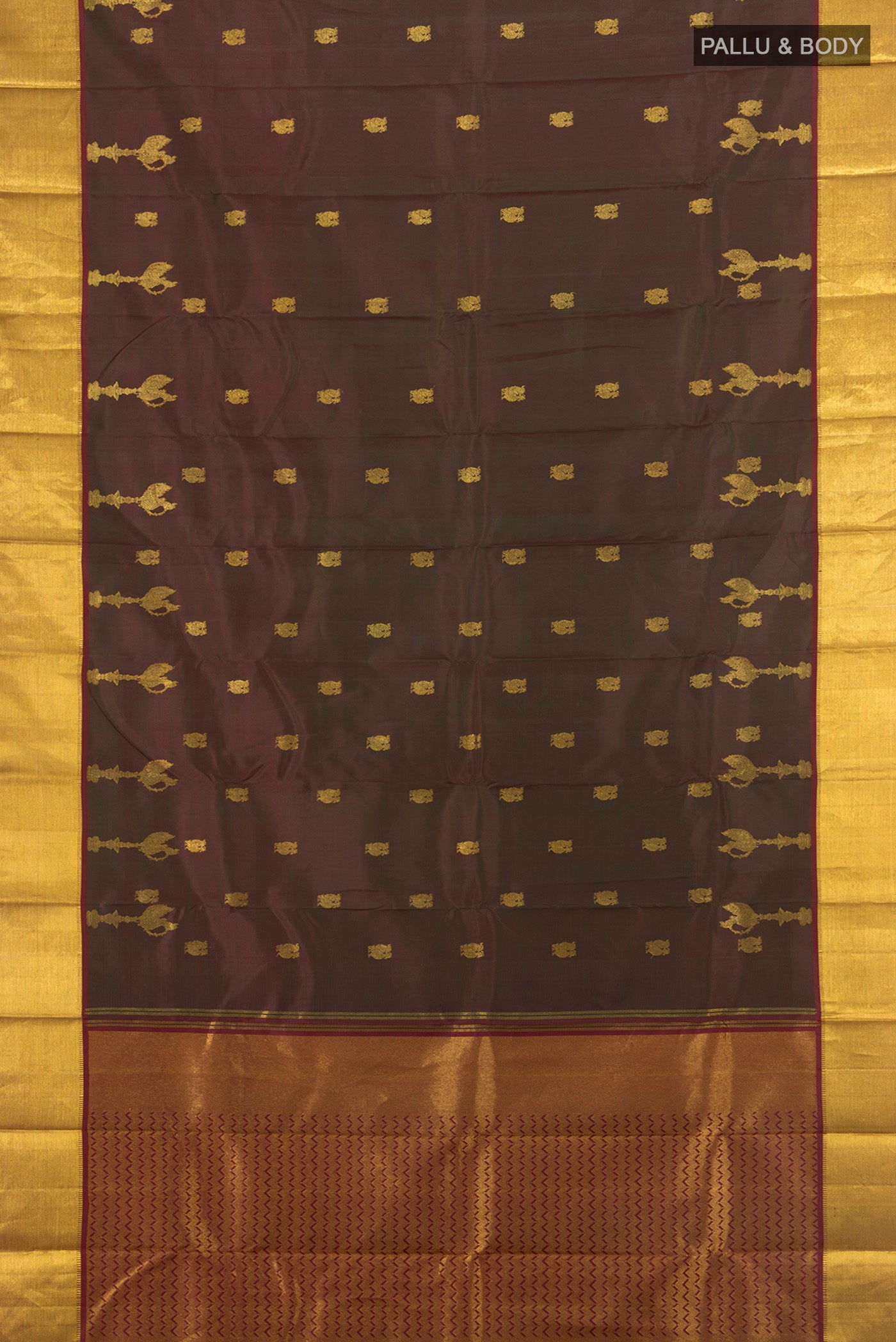 Flat view of Multi Color Kanjivaram Silk Saree with Zari Butta on the body and Zari Border. 
