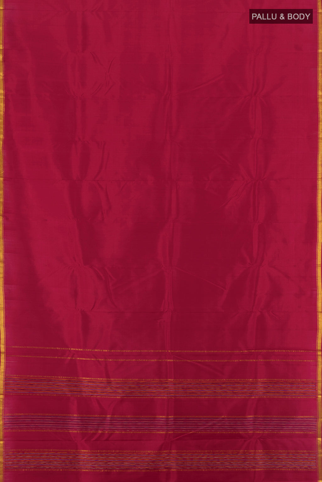 Flat view of Maroon Kanchipuram Silk Saree with Plain Body and Zari Border. 