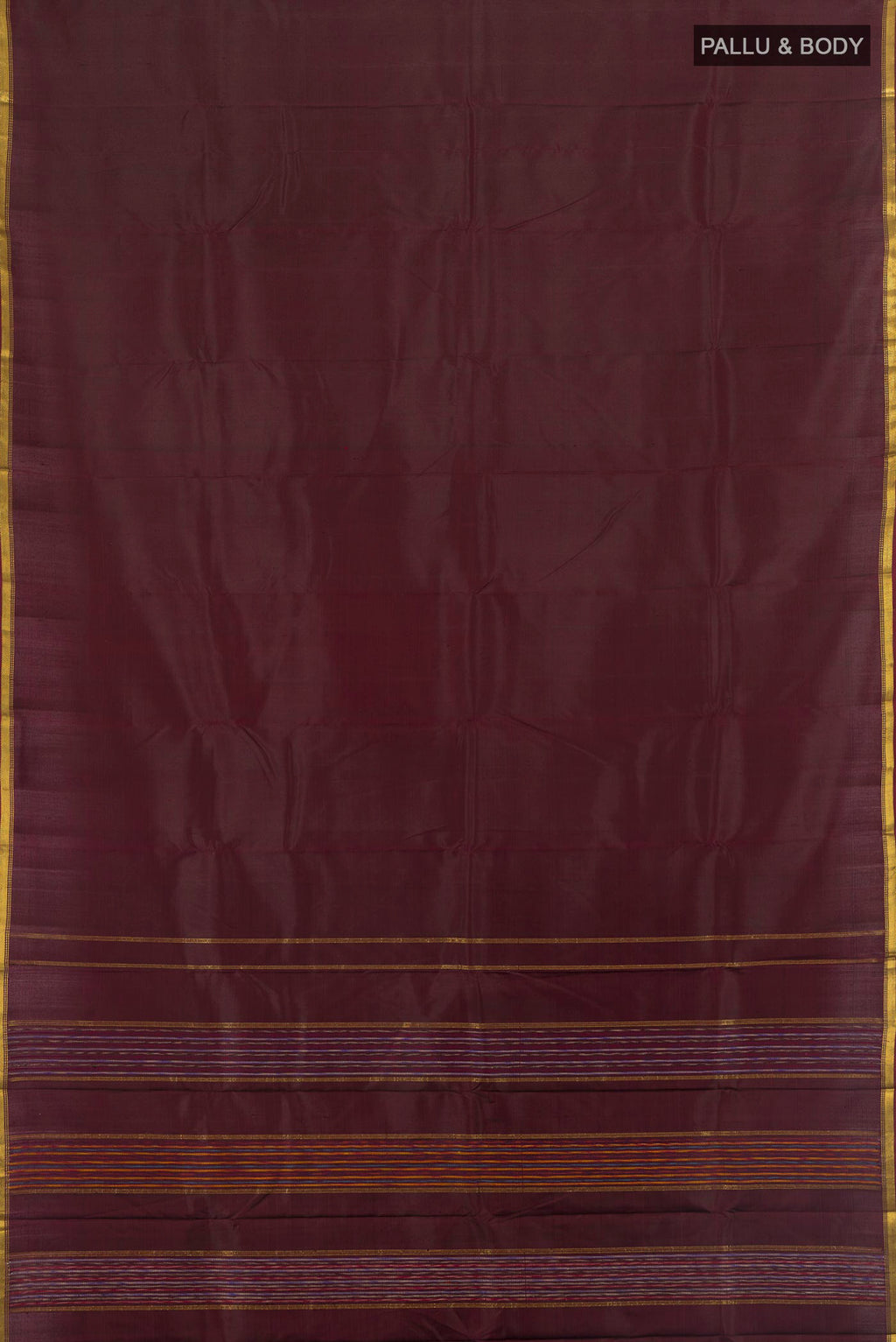 Flat view of Pure Silk Coffee Brown Kanchipuram Saree with Plain Body and Zari Border. 