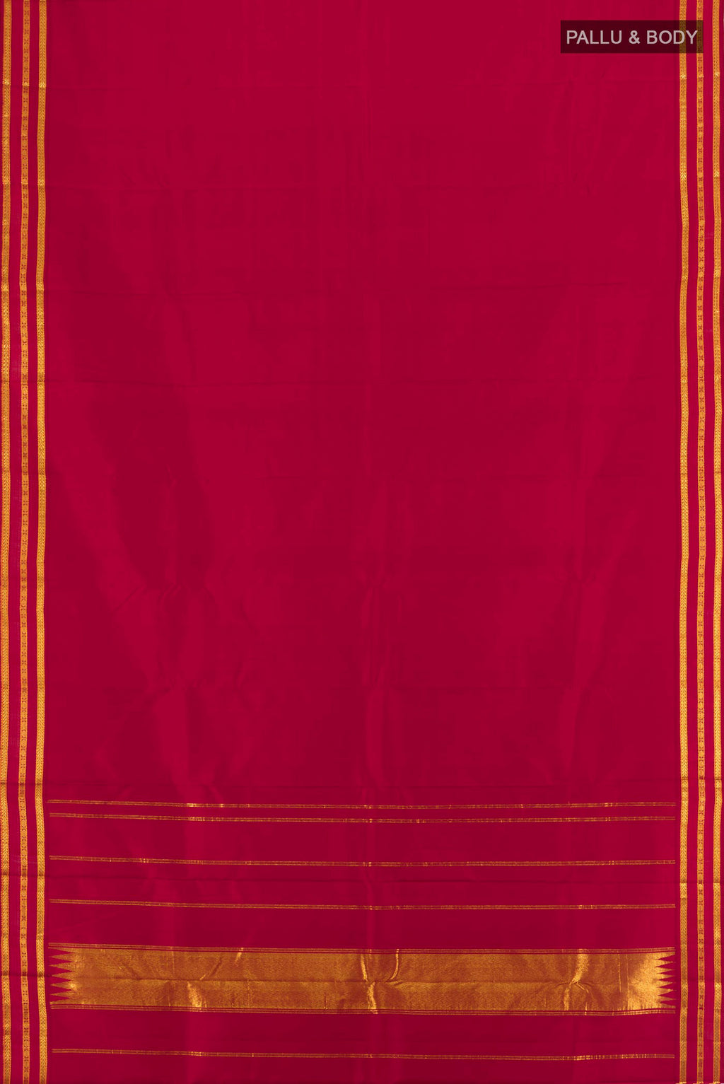 Flat view of Maroon Kanchipuram Silk Saree with Plain Body and Zari Border. 