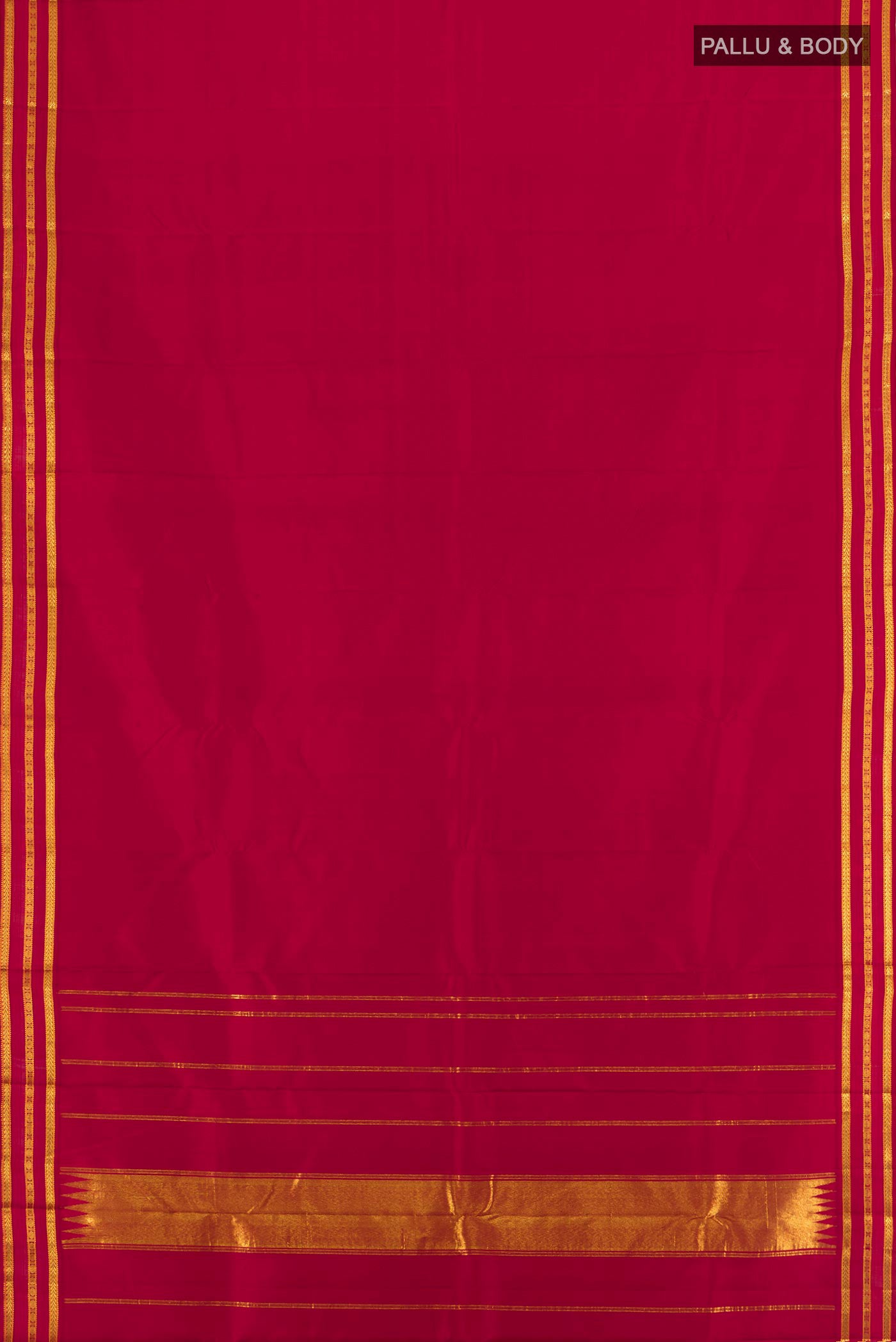 Flat view of Maroon Kanchipuram Silk Saree with Plain Body and Zari Border. 