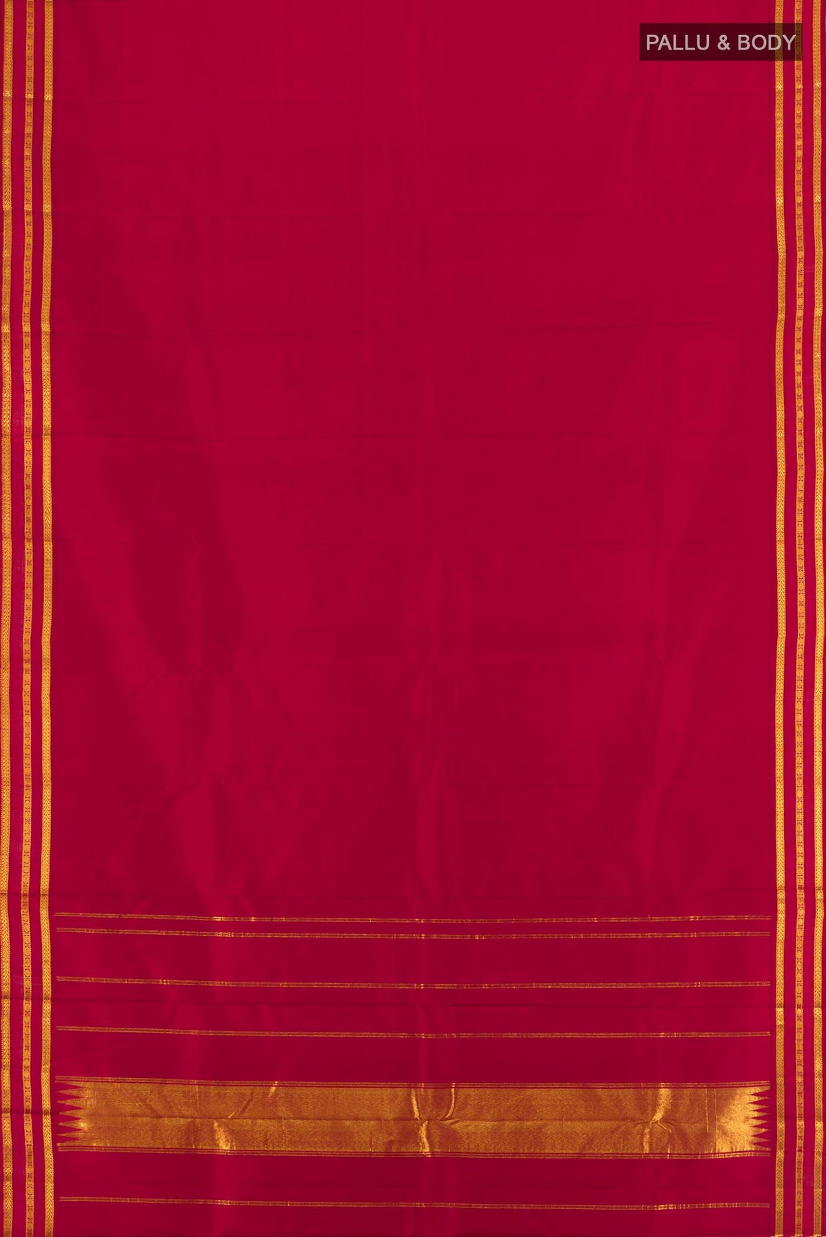Flat view of Maroon Kanchipuram Silk Saree with Plain Body and Zari Border. 