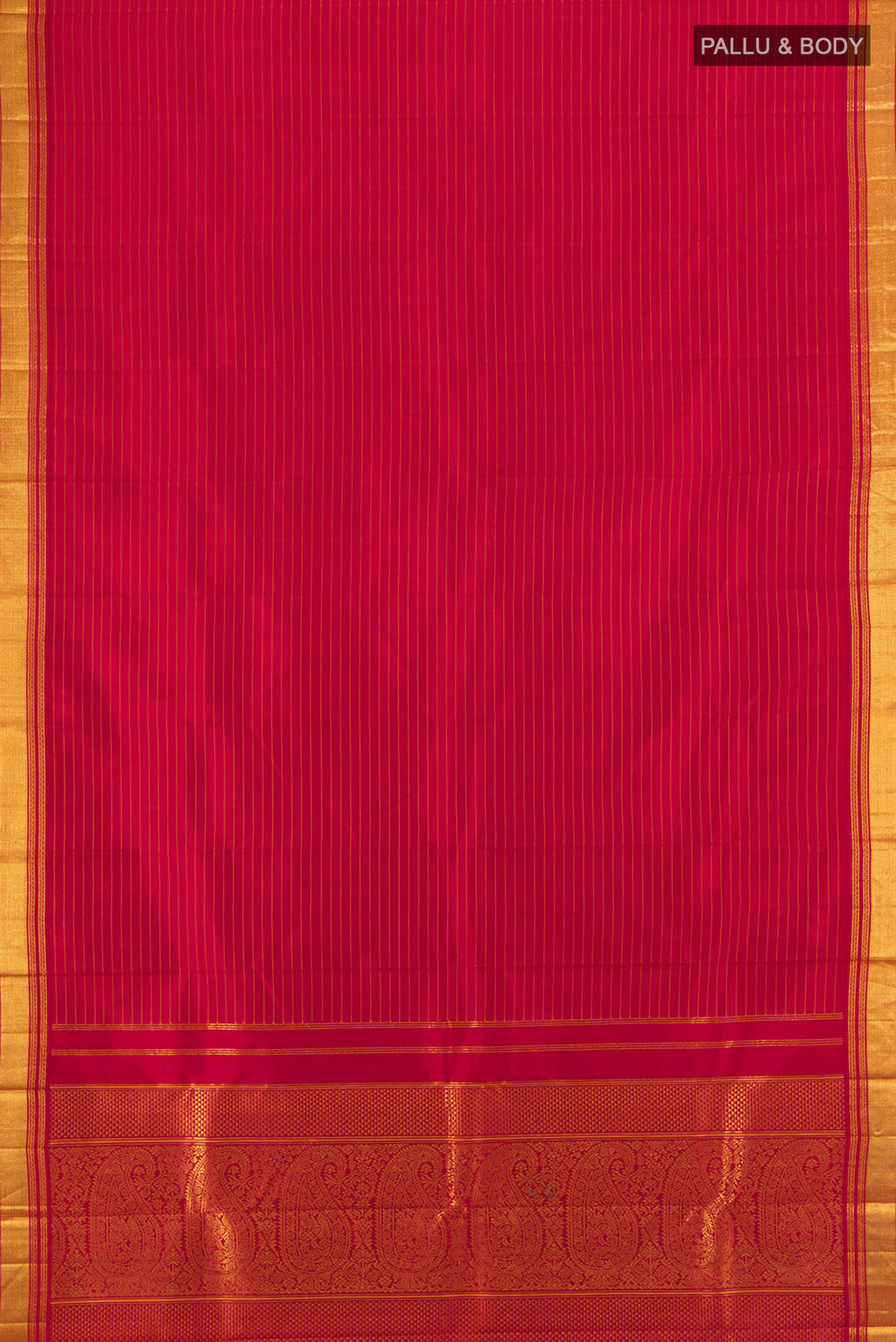 Flat view of Deep Red Kanjivaram Silk Saree with Stripes on the body and Zari Border. 