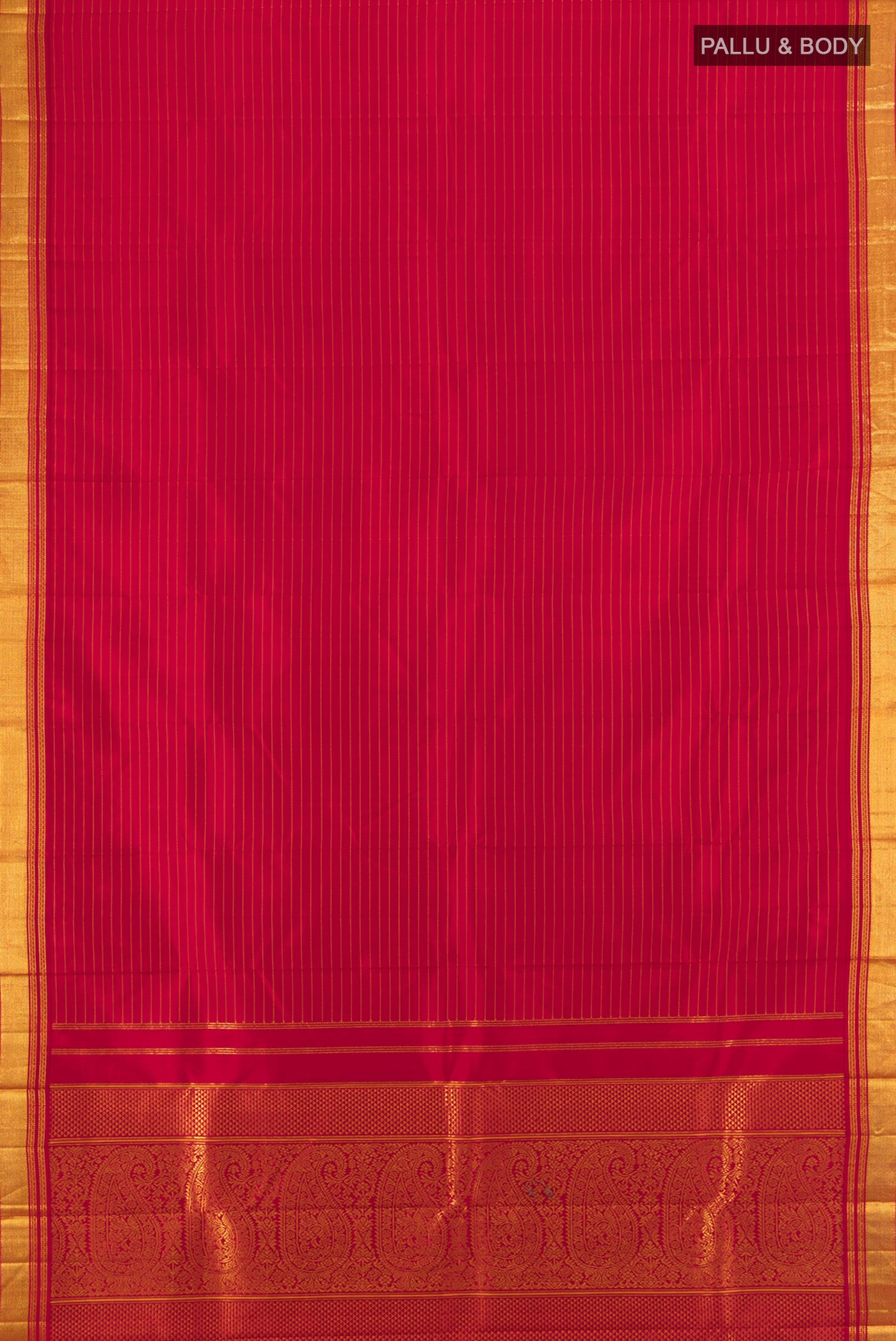 Flat view of Deep Red Kanjivaram Silk Saree with Stripes on the body and Zari Border. 