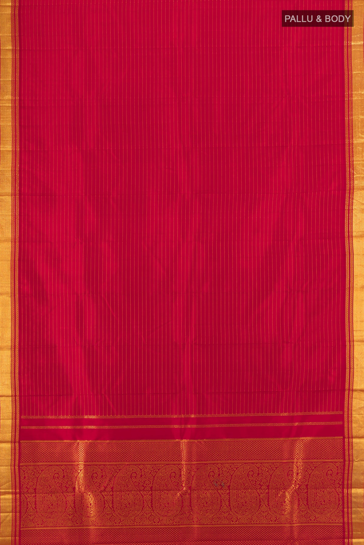 Flat view of Deep Red Kanjivaram Silk Saree with Stripes on the body and Zari Border. 