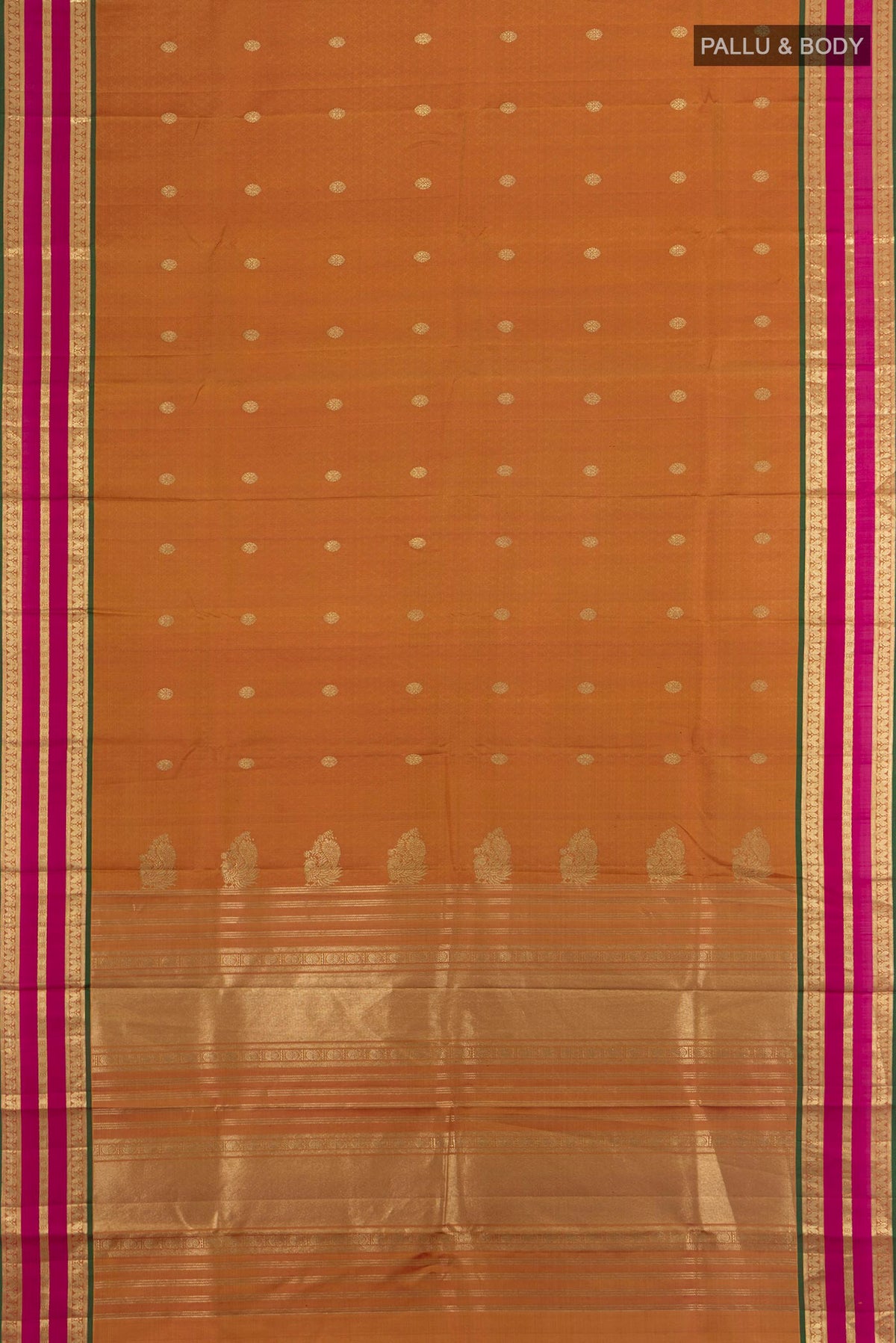 Flat view of Pure Silk Mustard Kanjivaram Saree with Zari Butta on the body and Zari Border. 