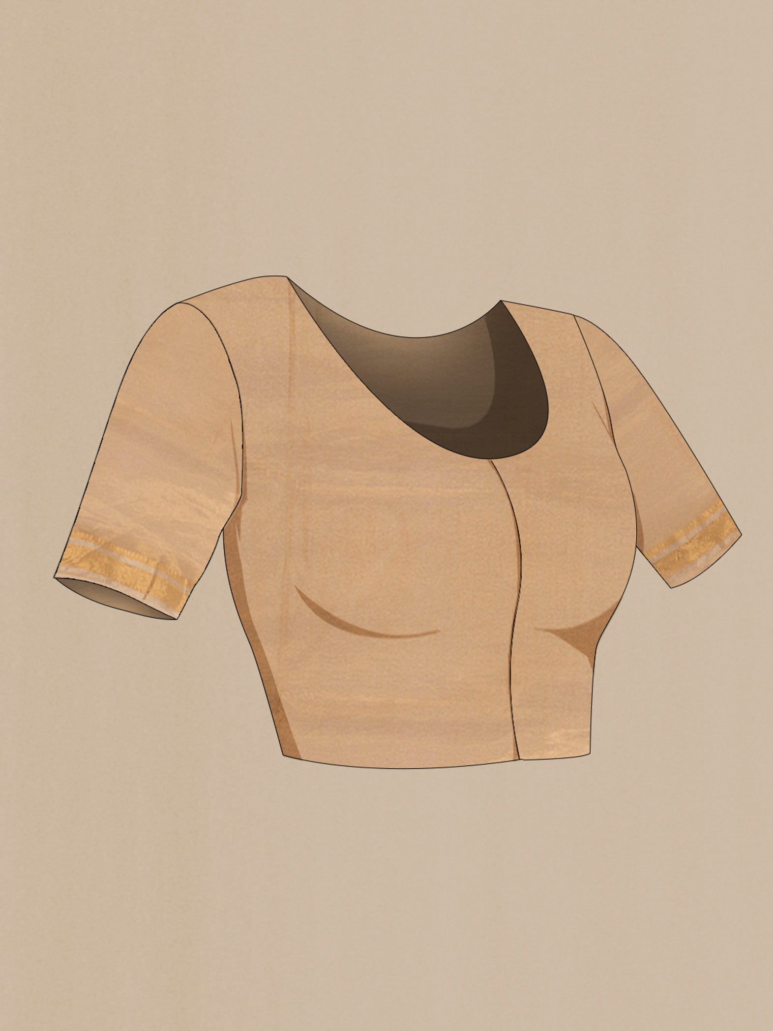 Close up image of the blouse of Brown Cotton Saree with Floral Print on the body and Zari Border. 