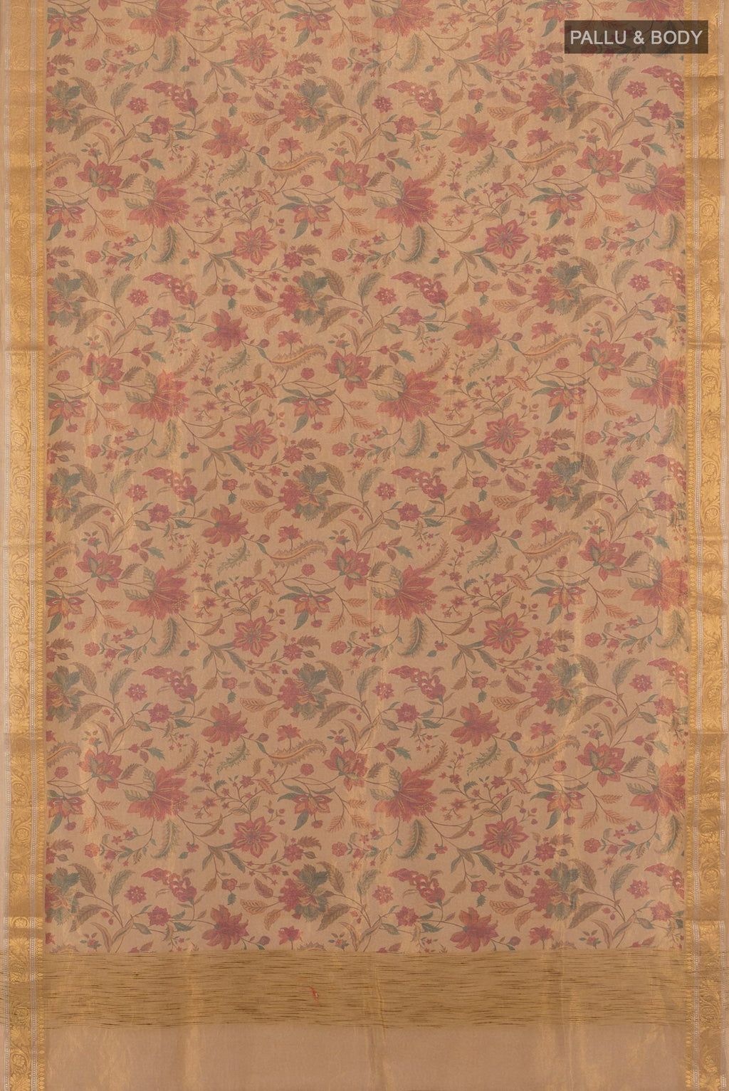 Flat view of Brown Cotton Saree with Floral Print on the body and Zari Border. 