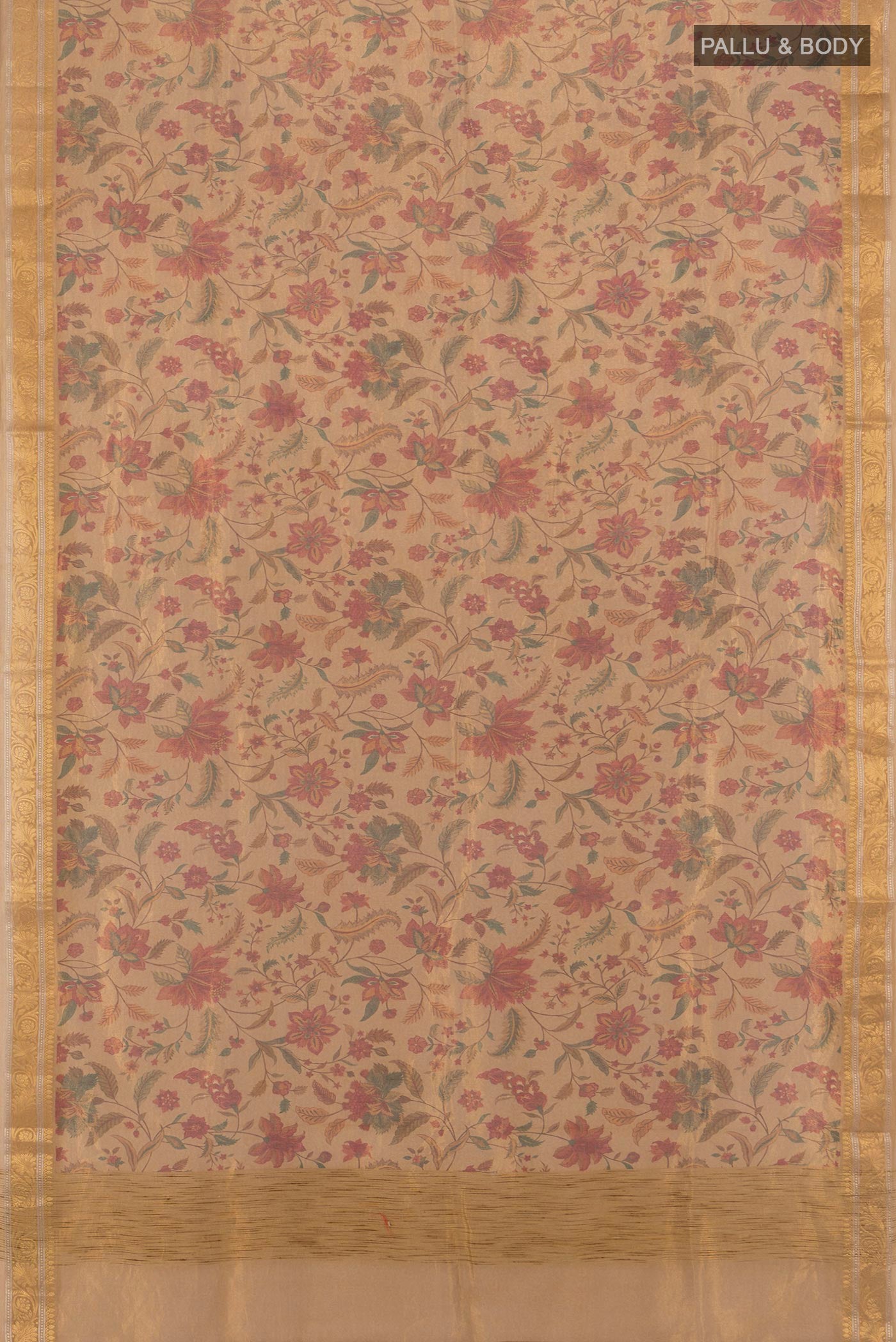 Flat view of Brown Cotton Saree with Floral Print on the body and Zari Border. 