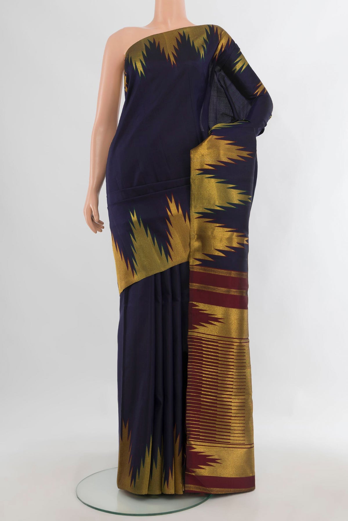 Pure Silk Navy Blue Kanchipuram Saree with Plain Body and Temple Border.  displayed on a mannequin