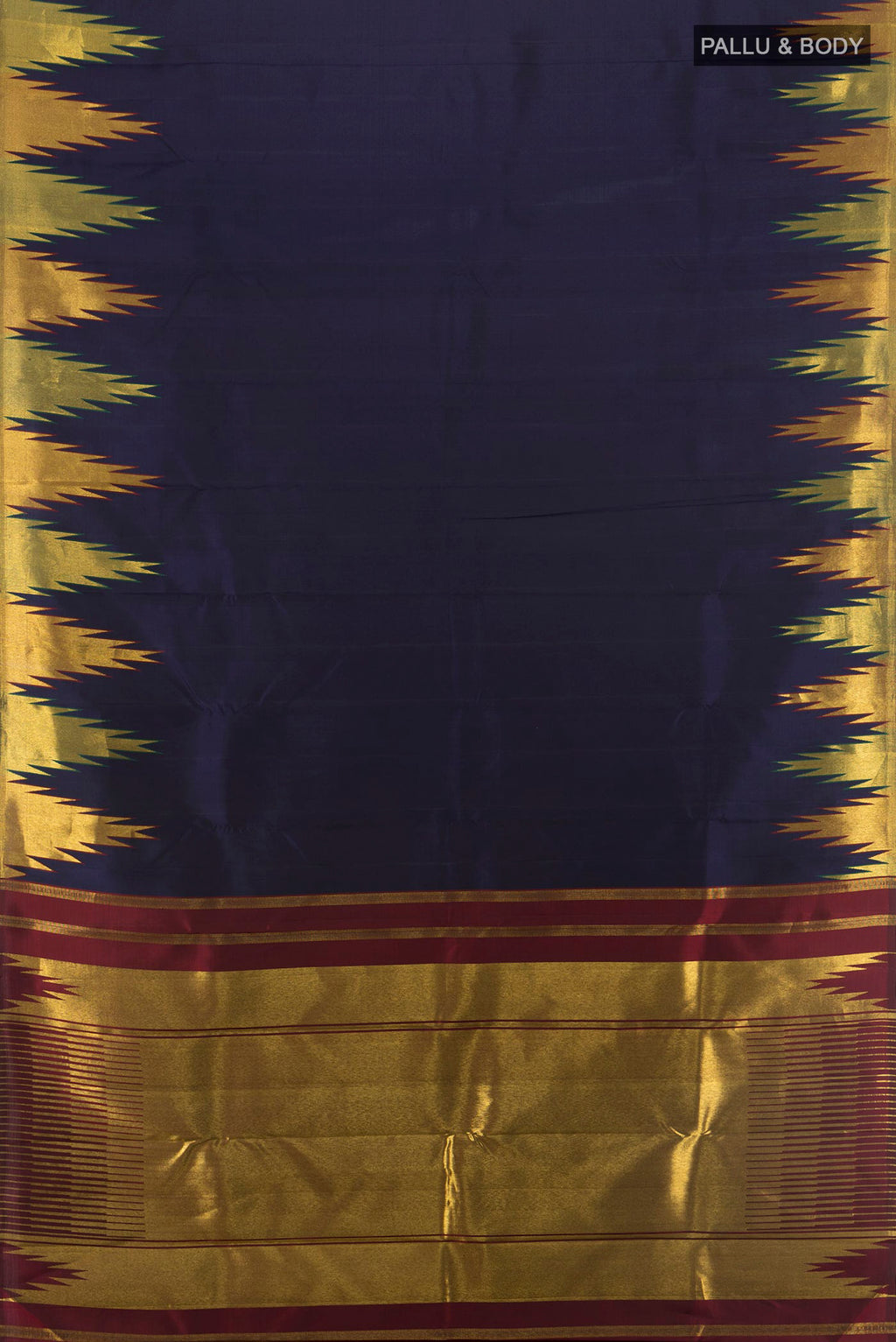Flat view of Pure Silk Navy Blue Kanchipuram Saree with Plain Body and Temple Border. 