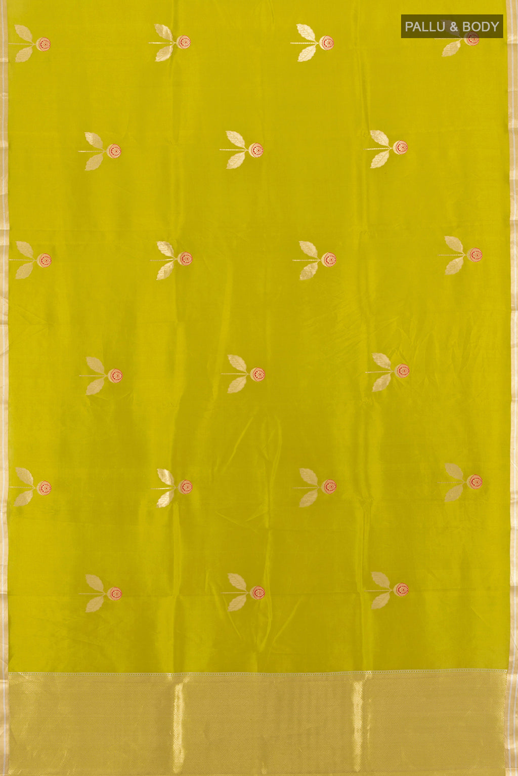 Flat view of Green Banarasi Katan Silk Saree with Zari Butta on the body and Zari Border. 