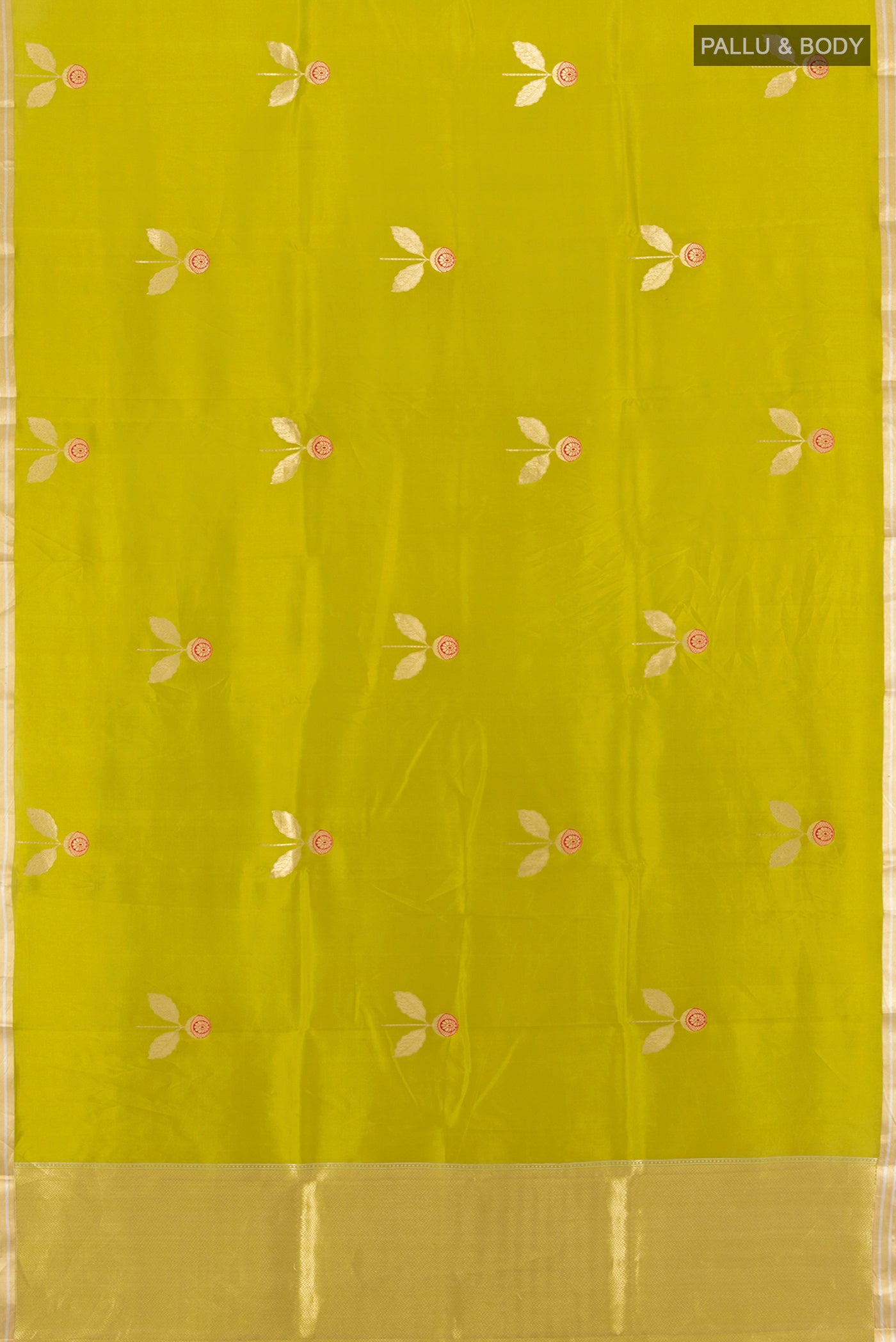 Flat view of Green Banarasi Katan Silk Saree with Zari Butta on the body and Zari Border. 