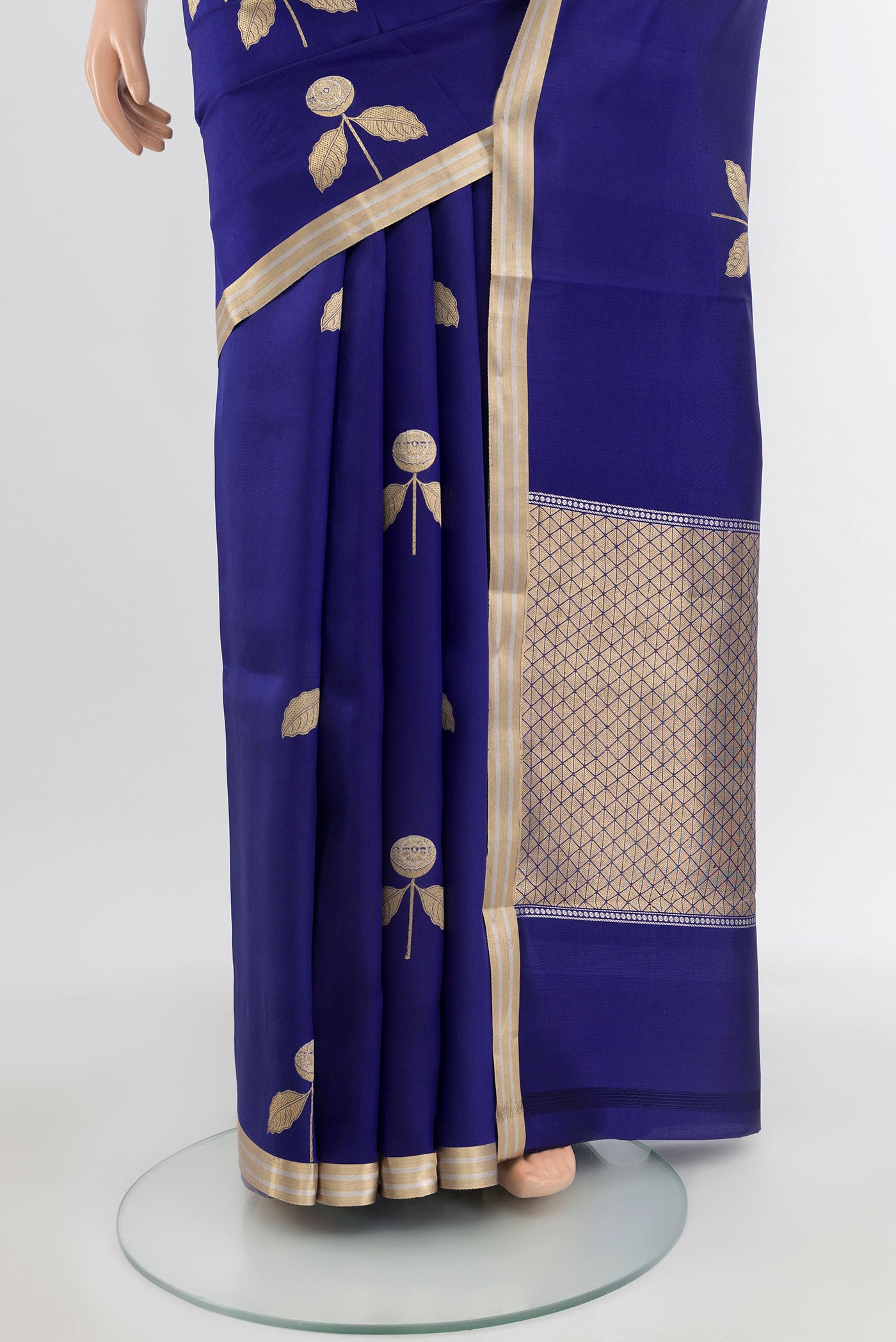 Pleats and pallu of Navy Blue Banarasi Katan Silk Saree with Zari Butta on the body and Silk Border. 