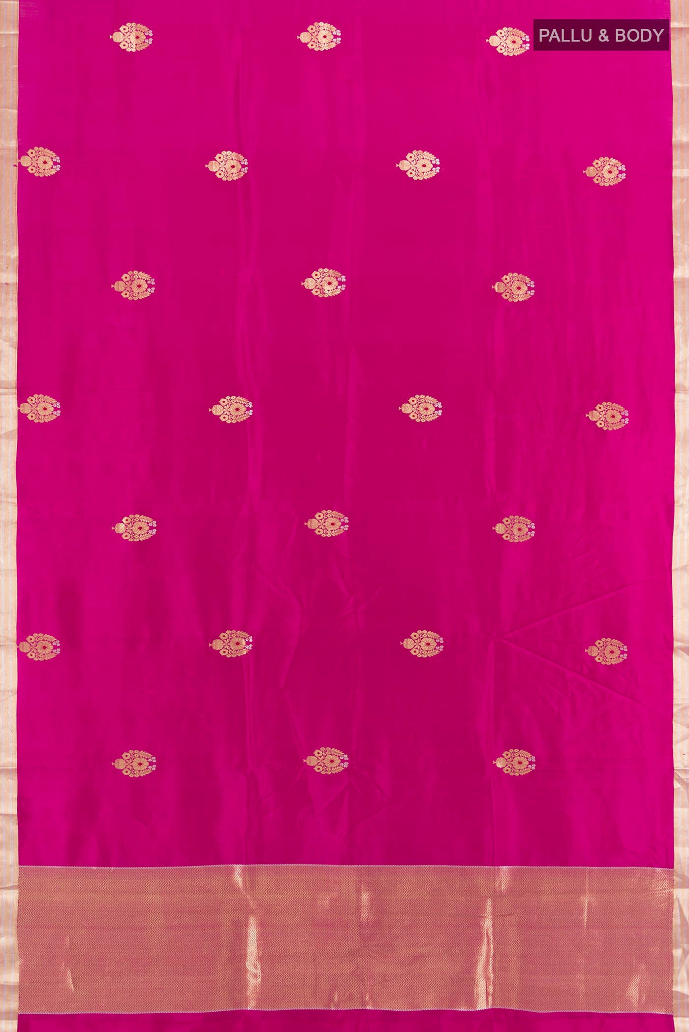 Flat view of Dark Pink Banarasi Silk Saree with Zari Butta on the body and Zari Border. 