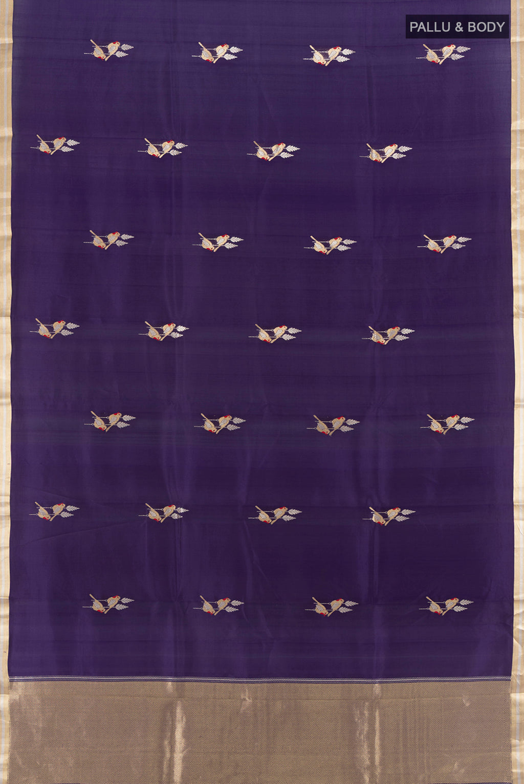Flat view of Navy Blue Banarasi Katan Silk Saree with Zari Butta on the body and Zari Border. 